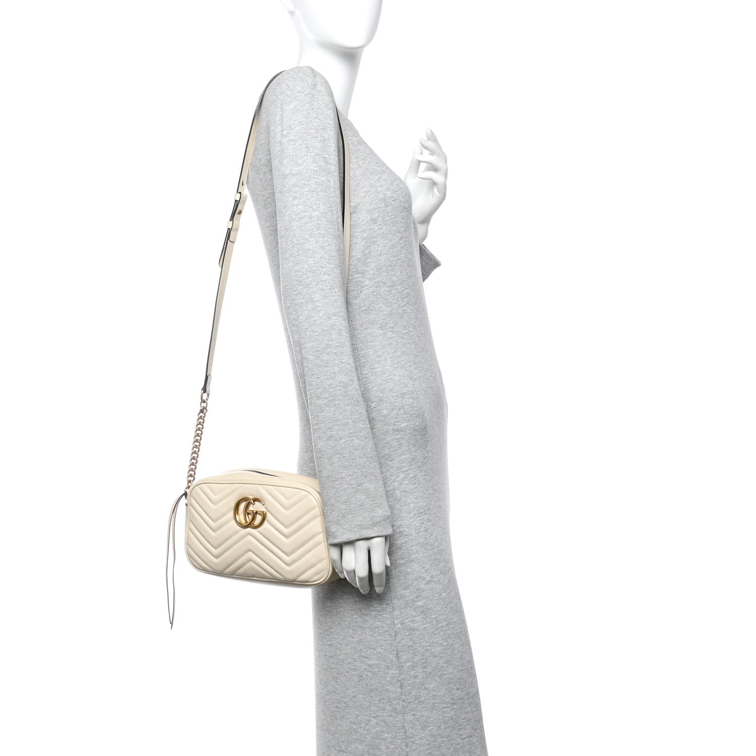 Gucci Calfskin Matelasse Small GG Marmont Chain Shoulder Bag White
