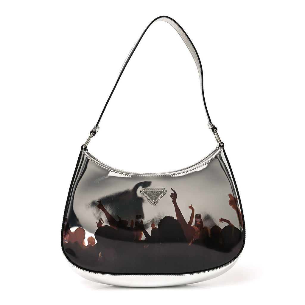 Prada Spazzolato Concert Printed Cleo Shoulder Bag Argento