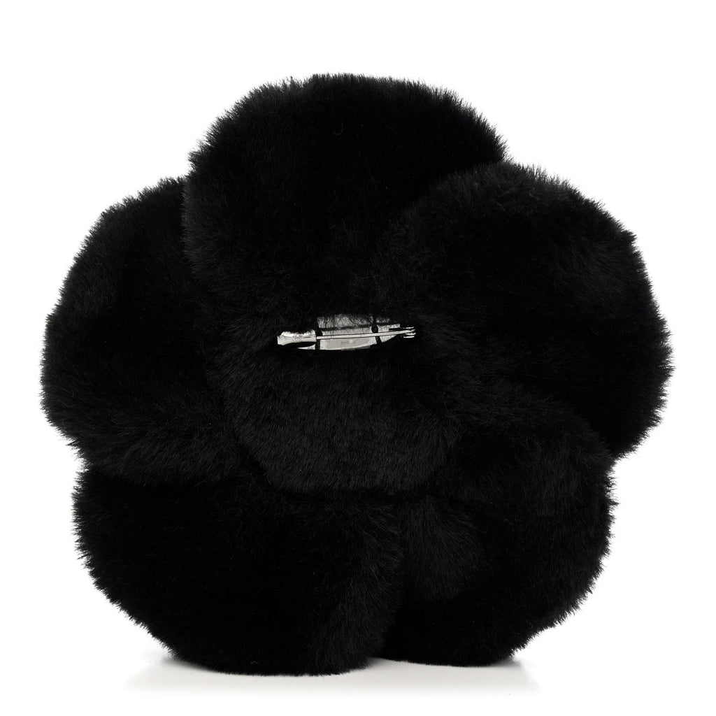 Faux Fur Strass Camellia Brooch Black