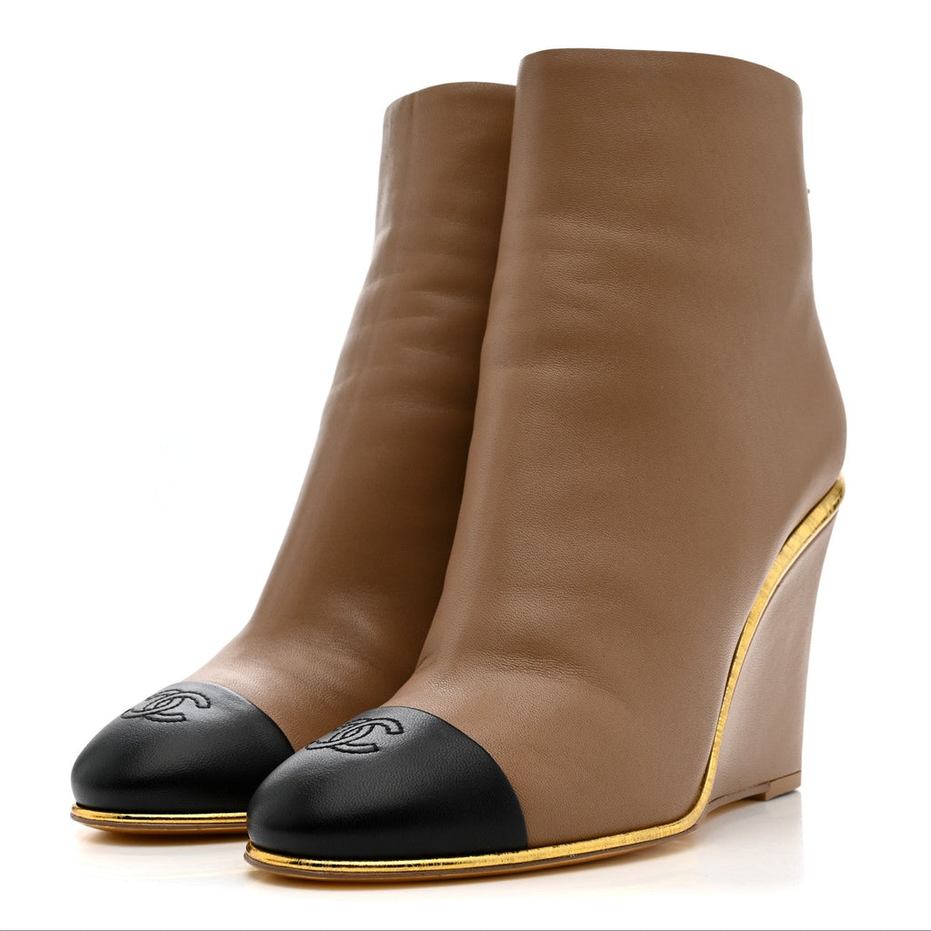 Lambskin Cap Toe Open Wedge Ankle Boots 38.5 Beige Black