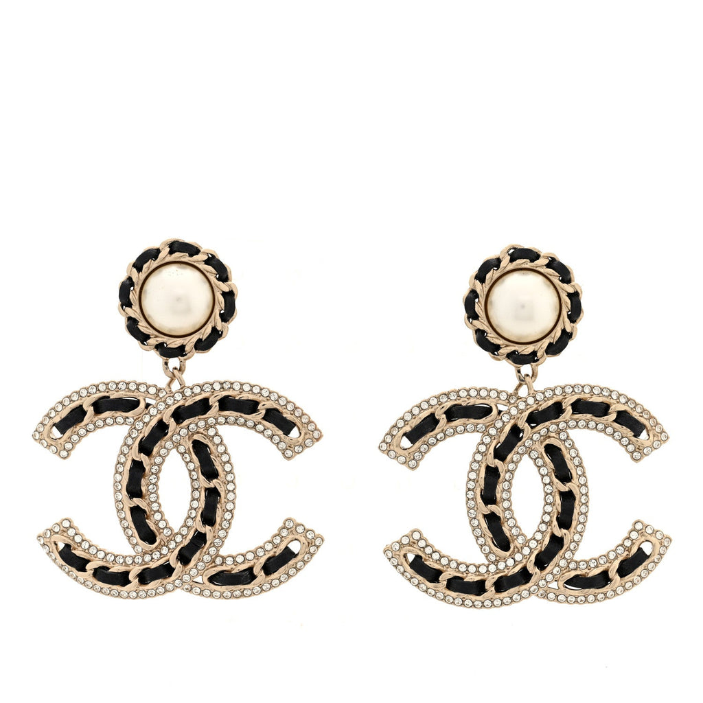 Pearl Lambskin Crystal Chain CC Drop Earrings Black Gold