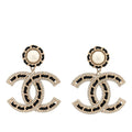 Pearl Lambskin Crystal Chain CC Drop Earrings Black Gold