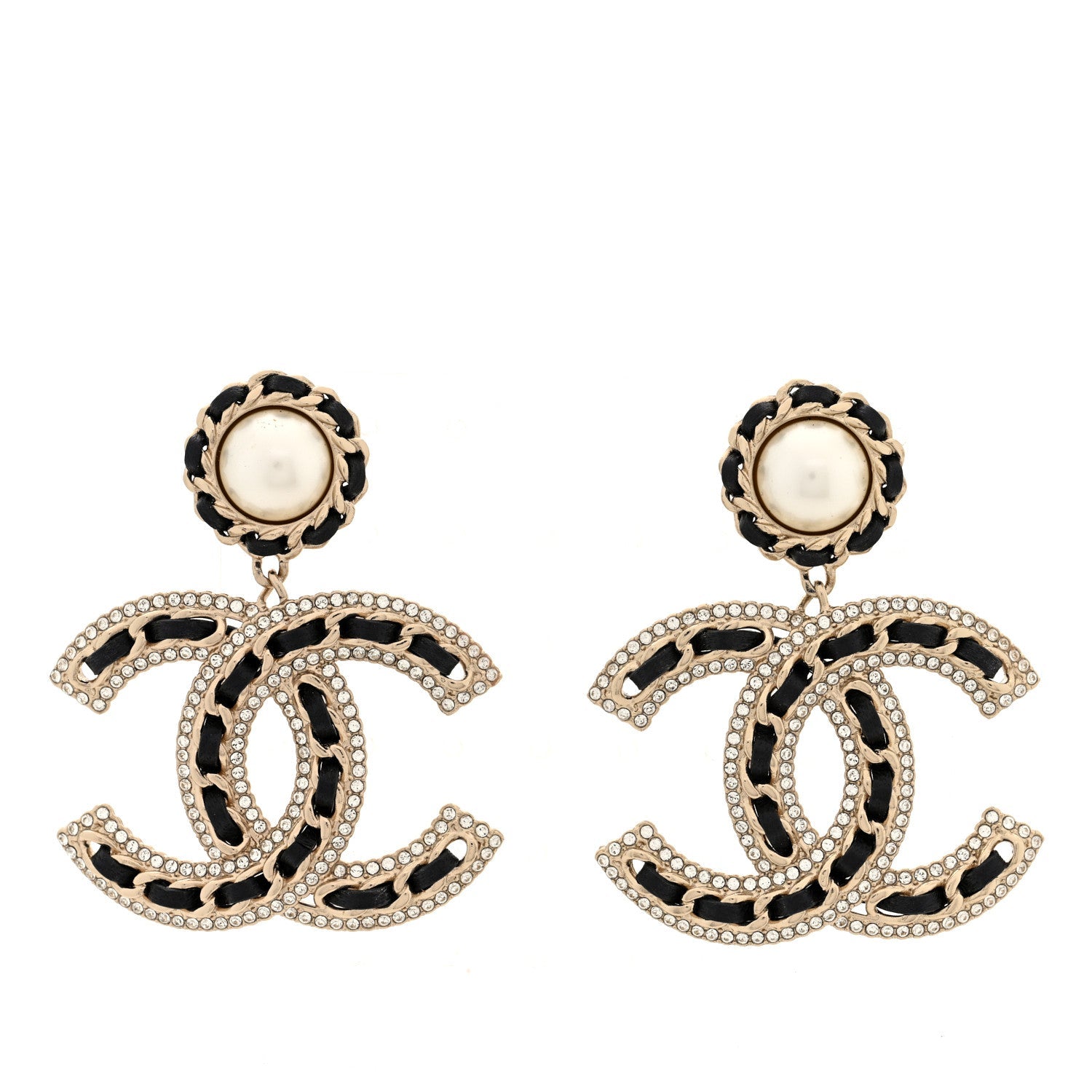 Pearl Lambskin Crystal Chain CC Drop Earrings Black Gold