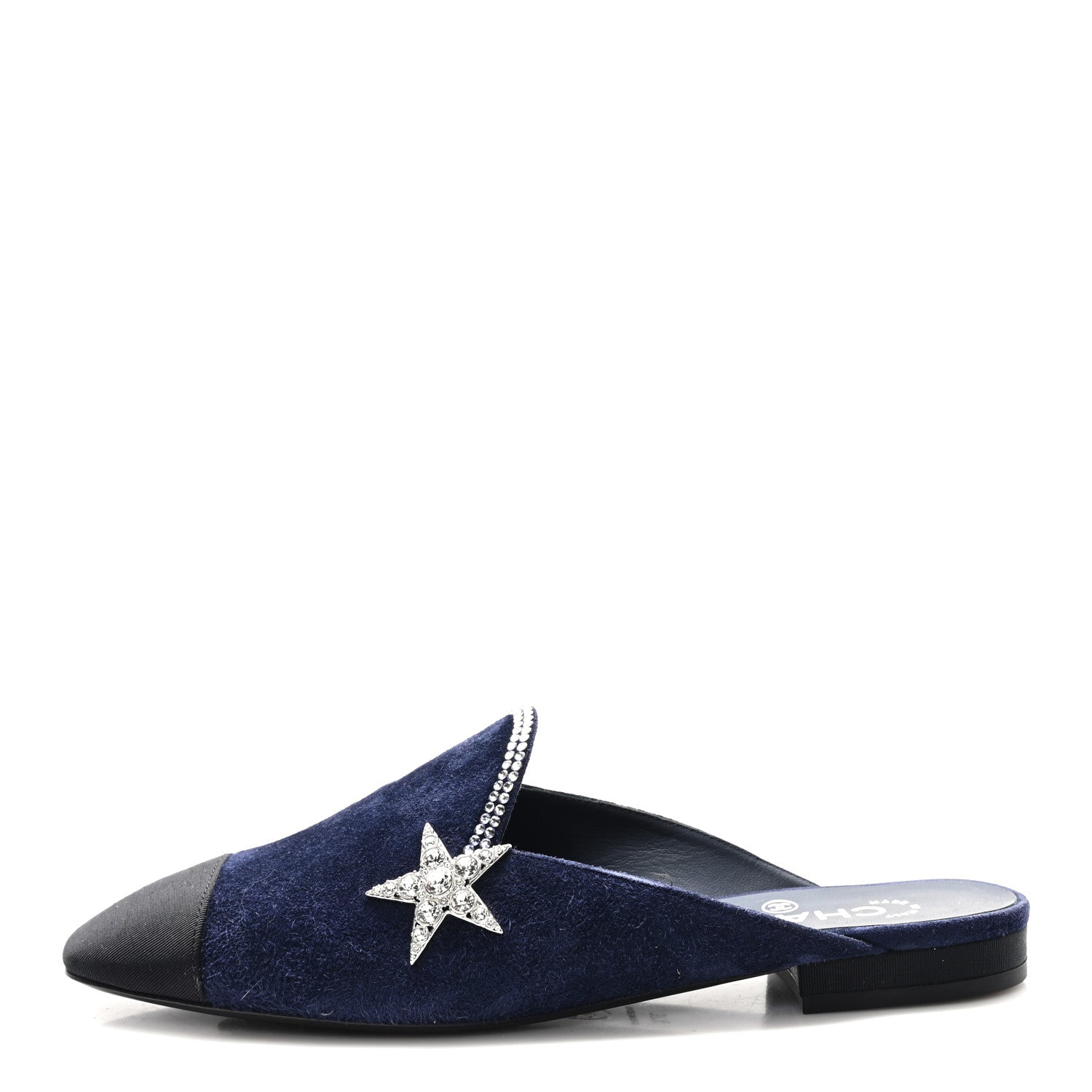 Chanel Suede Calfskin Grosgrain Crystal CC Star Mules  37.5 Blue Black