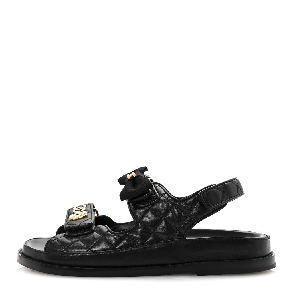 Lambskin Velcro CC Pearl Bow Dad Sandals 38 Black