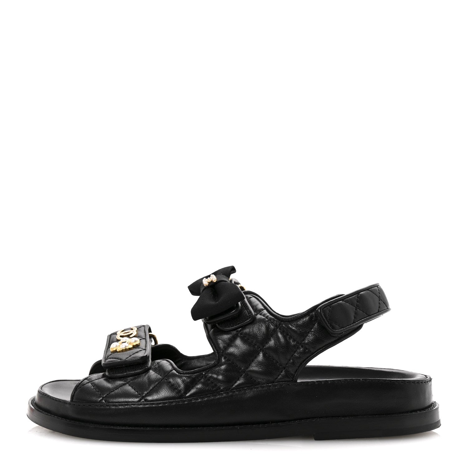 Lambskin Velcro CC Pearl Bow Dad Sandals 38 Black