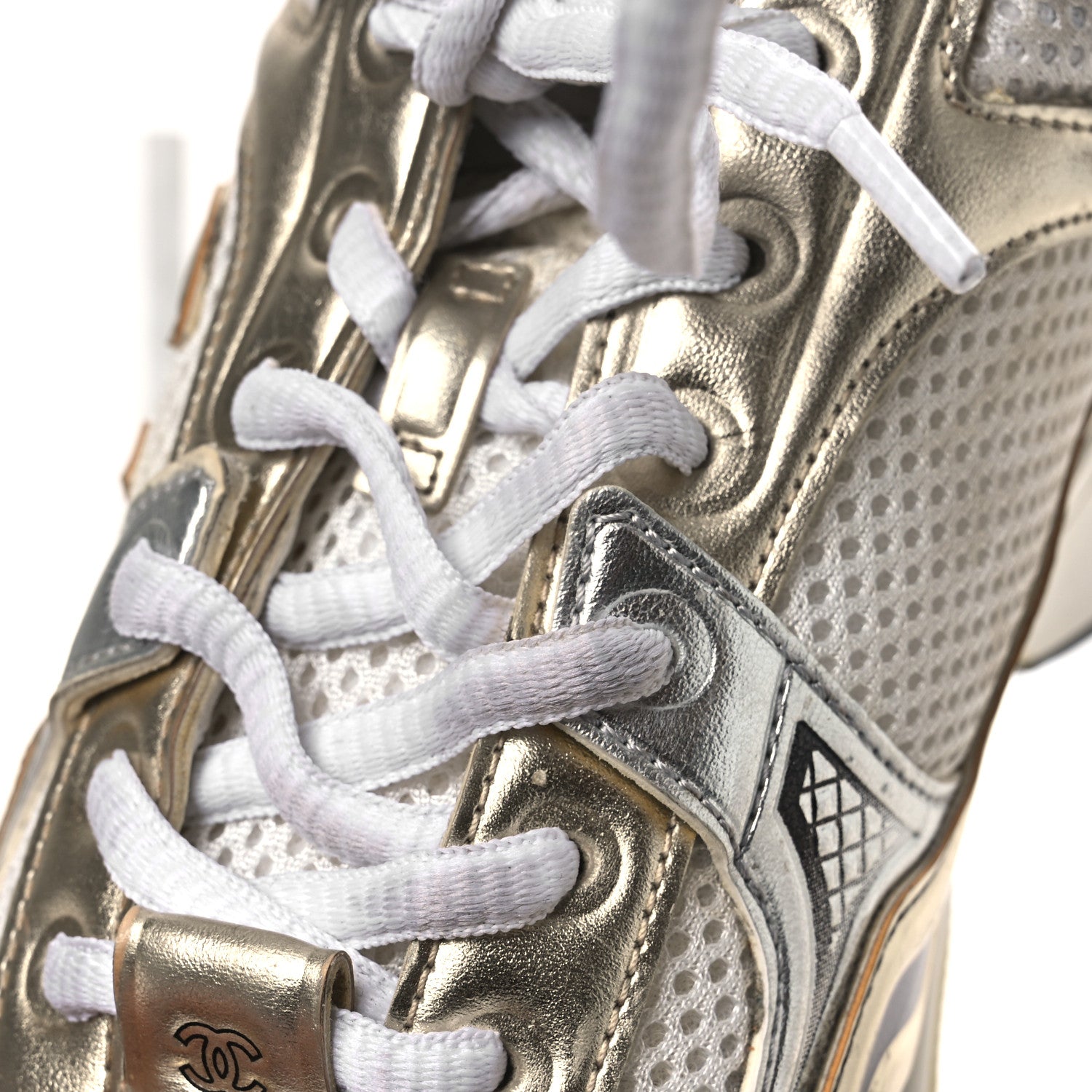 Fabric Laminated Calfskin Stretch CC Sneakers 37 White Gold Silver