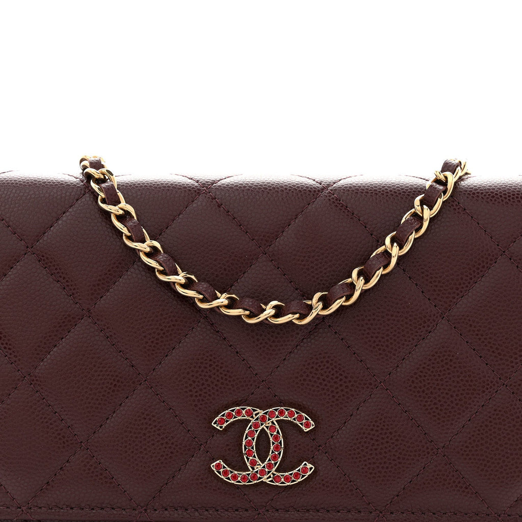 Chanel Shiny Caviar Quilted Strass Wallet On Chain WOC Bordeaux
