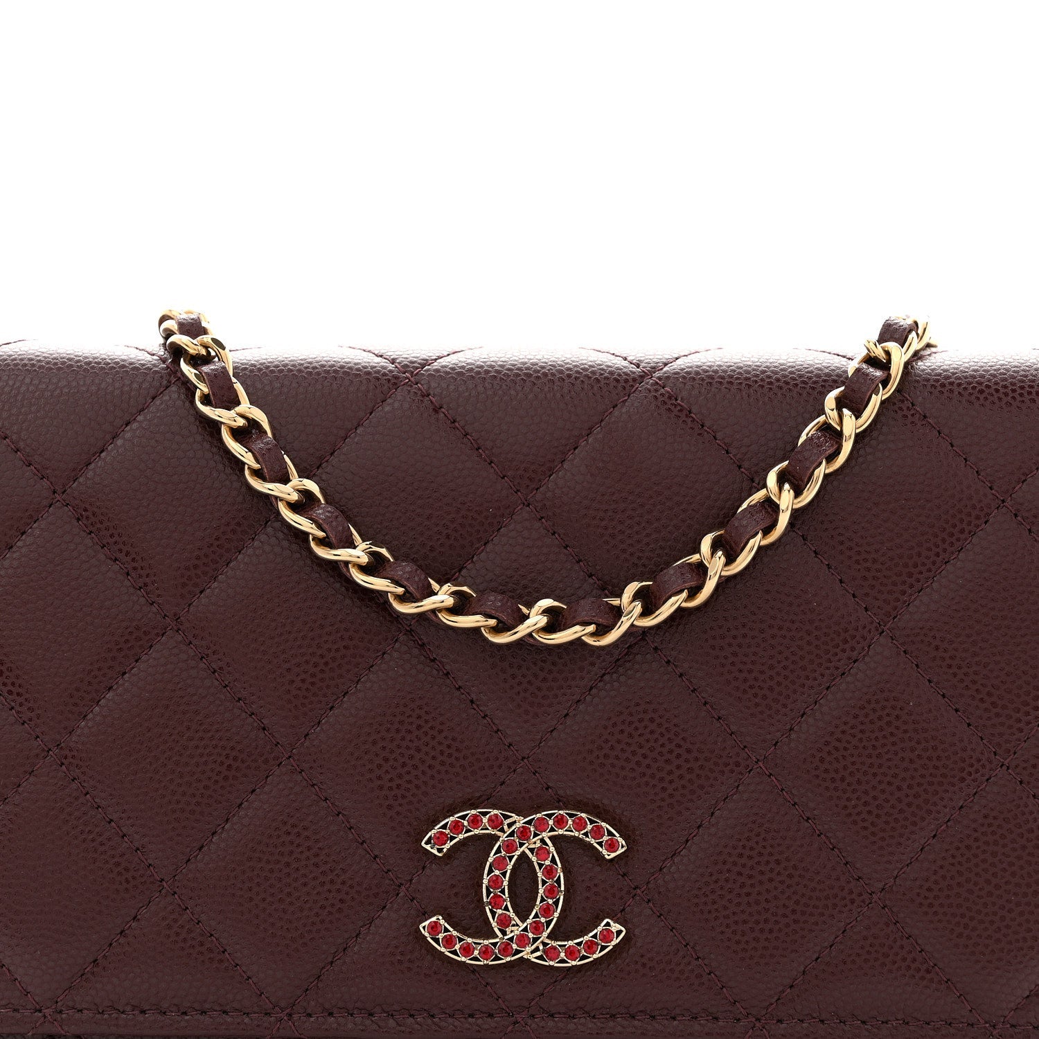 Chanel Shiny Caviar Quilted Strass Wallet On Chain WOC Bordeaux