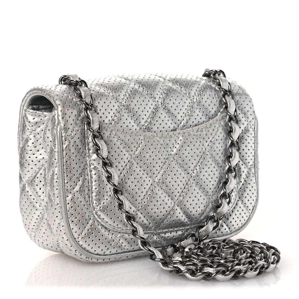Chanel Metallic Lambskin Perforated Mini Rectangular Flap Silver
