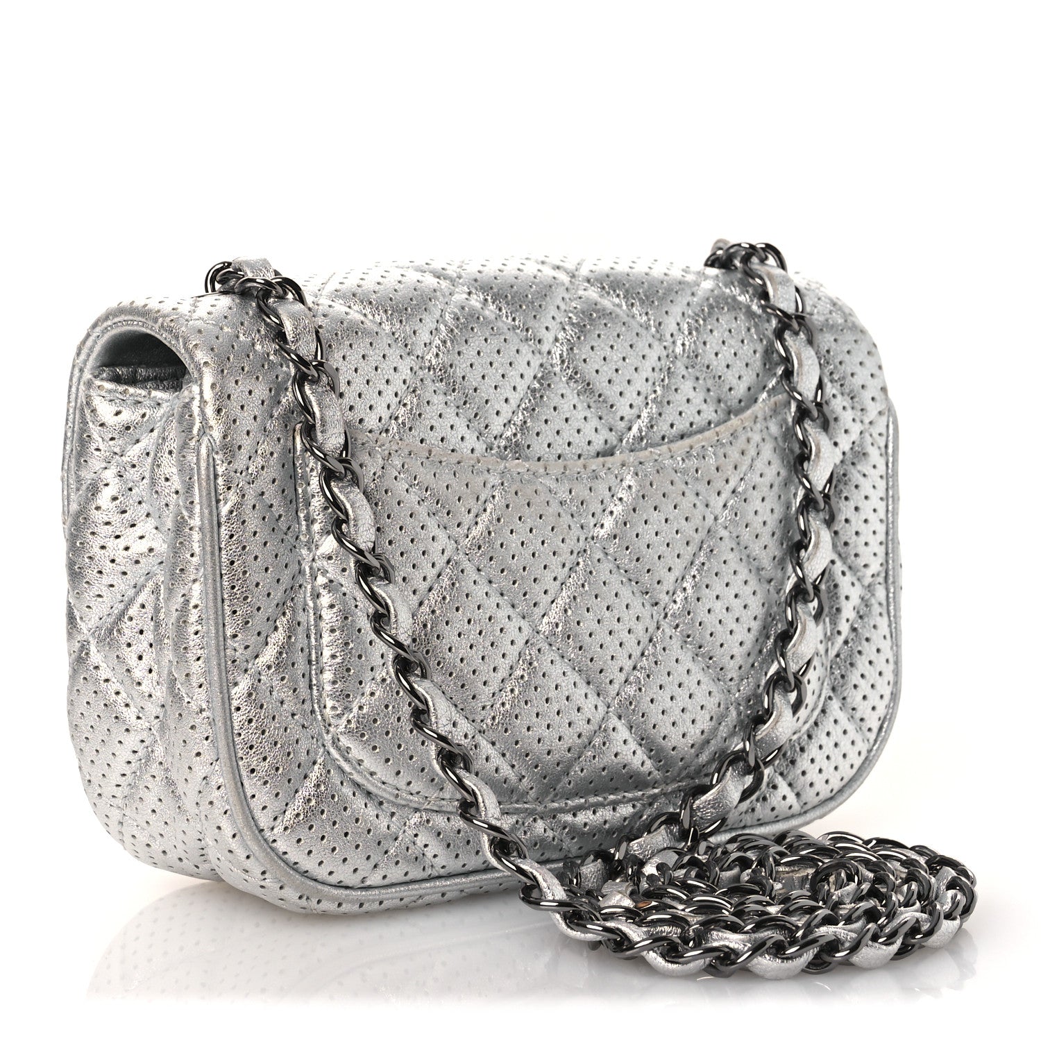Chanel Metallic Lambskin Perforated Mini Rectangular Flap Silver