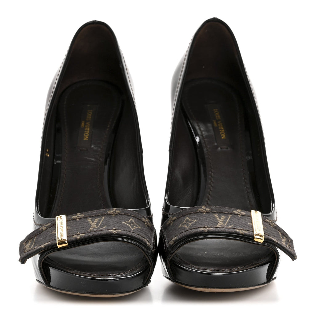 Louis Vuitton Monogram Patent Idylle Buci Open Toe Pumps 36.5 Black Brown