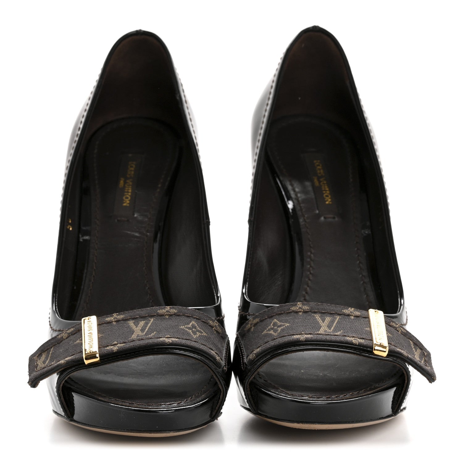 Louis Vuitton Monogram Patent Idylle Buci Open Toe Pumps 36.5 Black Brown