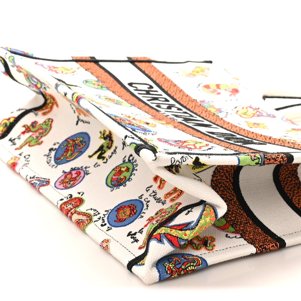 Christian Dior Canvas Embroidered Dragon Zodiac Medium Book Tote White Multicolor