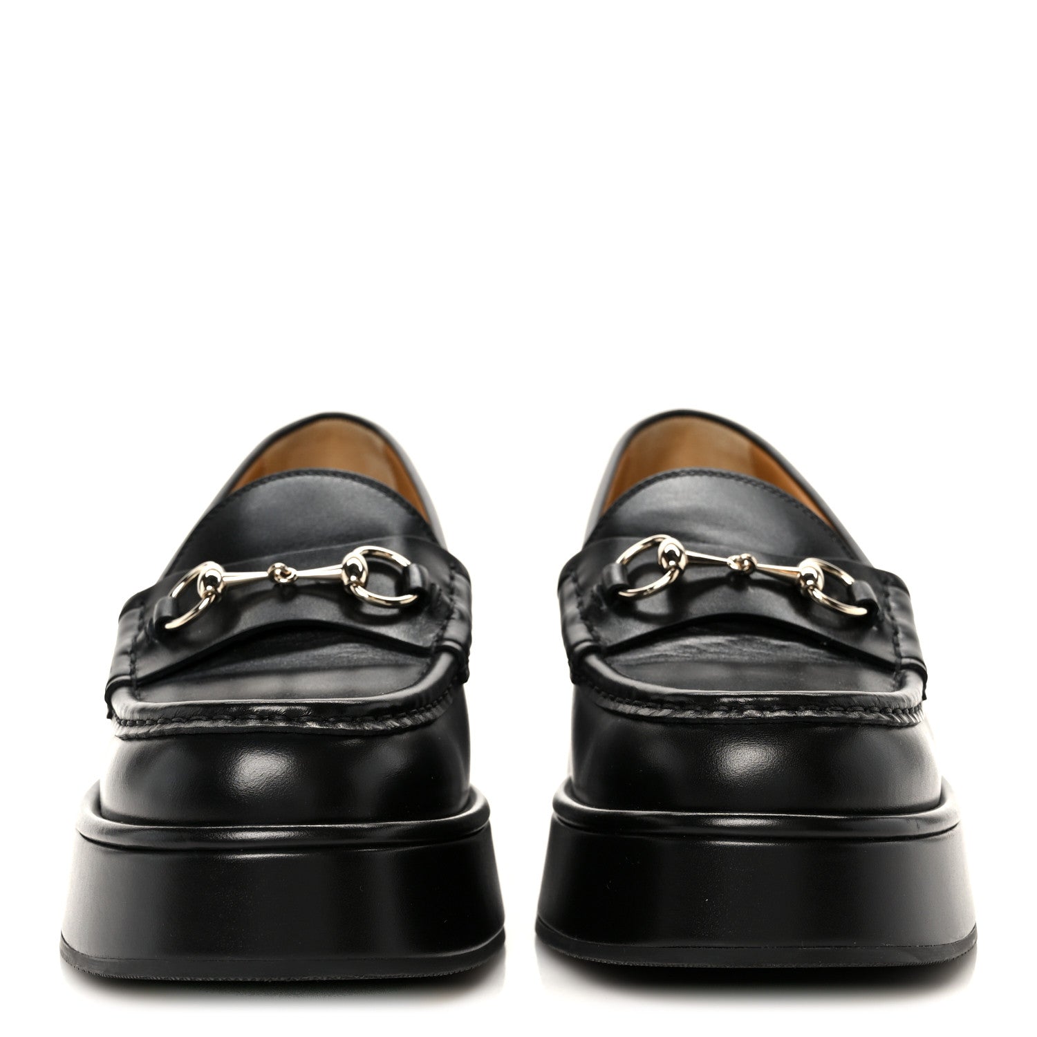 Gucci Kama Calfskin Horsebit Womens Wedge Platform Loafers 38.5 Black