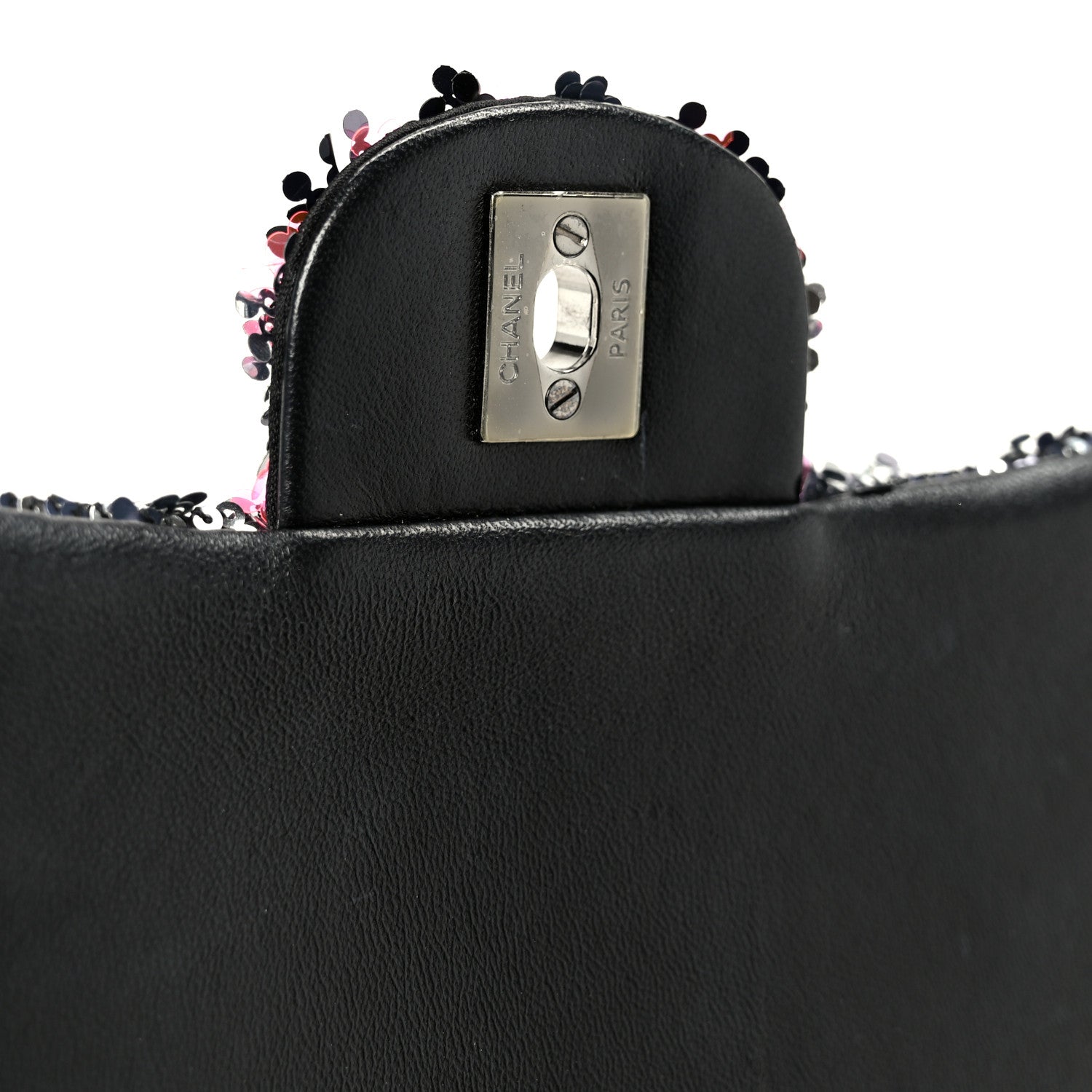 Chanel Sequin Logo Single Flap Pink Silver Black