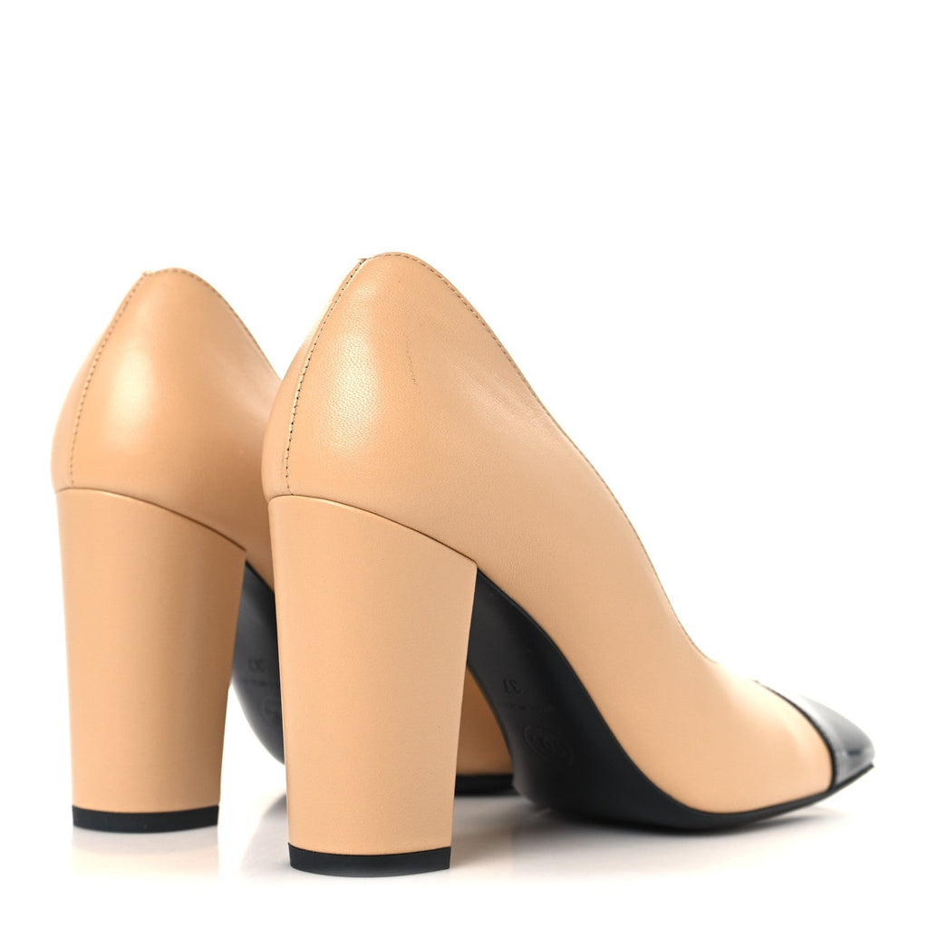 Lambskin Patent Calfskin Cap Toe Pumps 37 Beige Black