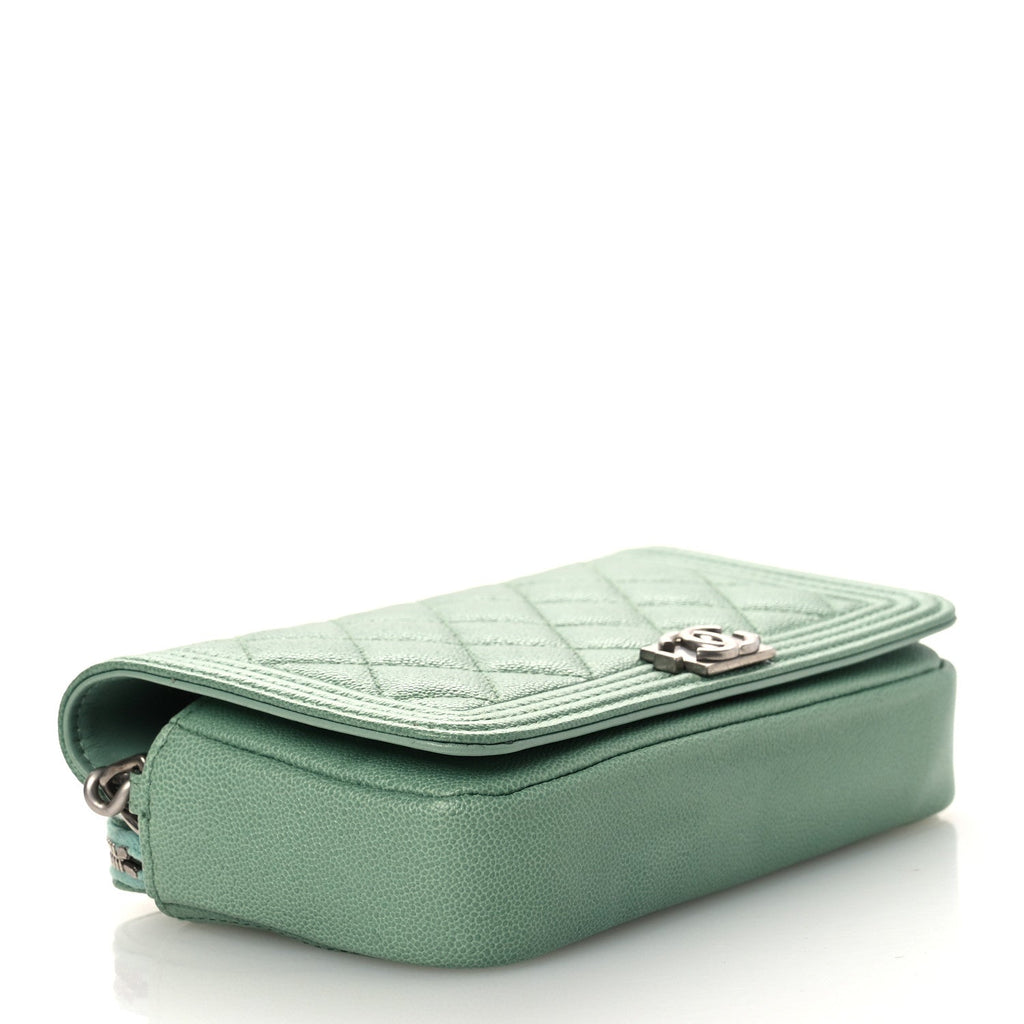 Chanel Caviar Quilted Boy Phone Holder Wallet On Chain Green