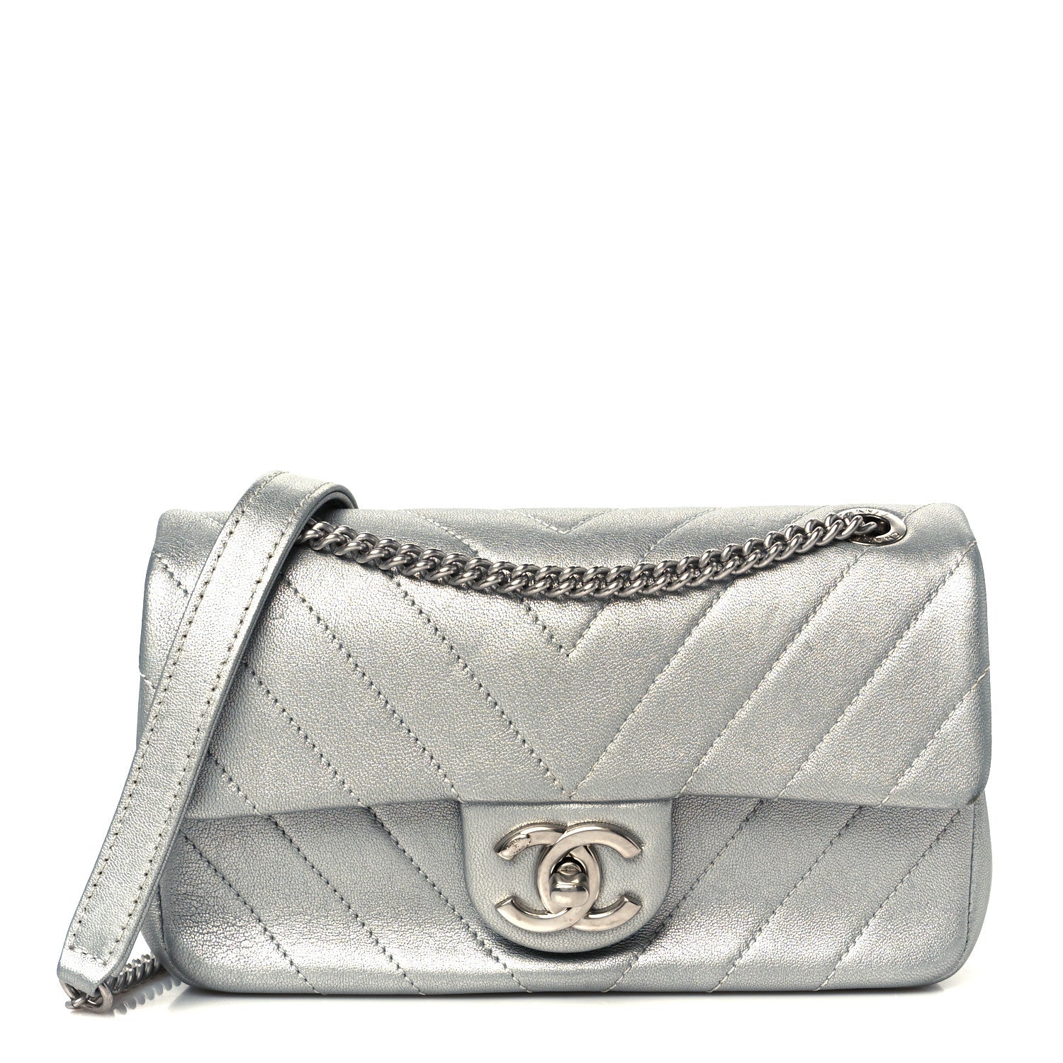 Chanel Metallic Lambskin Chevron Quilted Mini Rectangular Flap Silver
