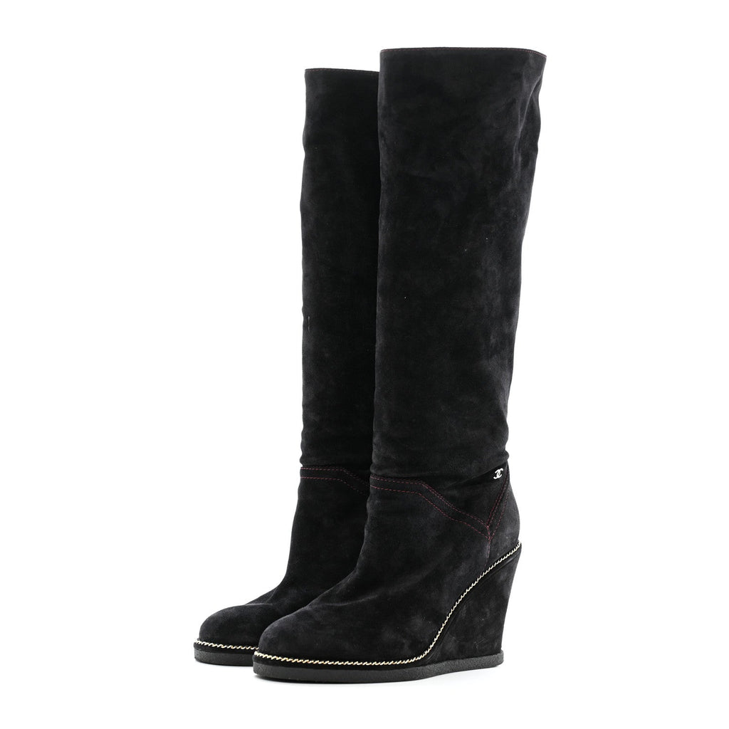 Chanel Suede Calfskin Chain Around High Boots 41 Black