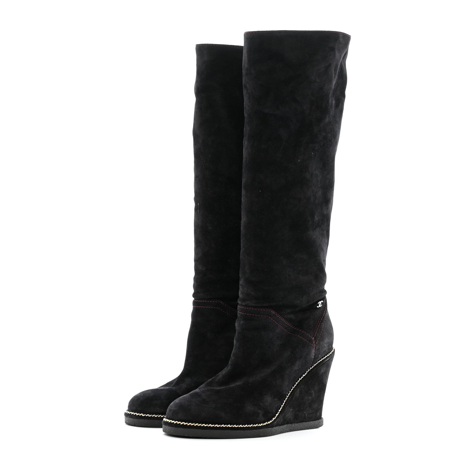 Chanel Suede Calfskin Chain Around High Boots 41 Black