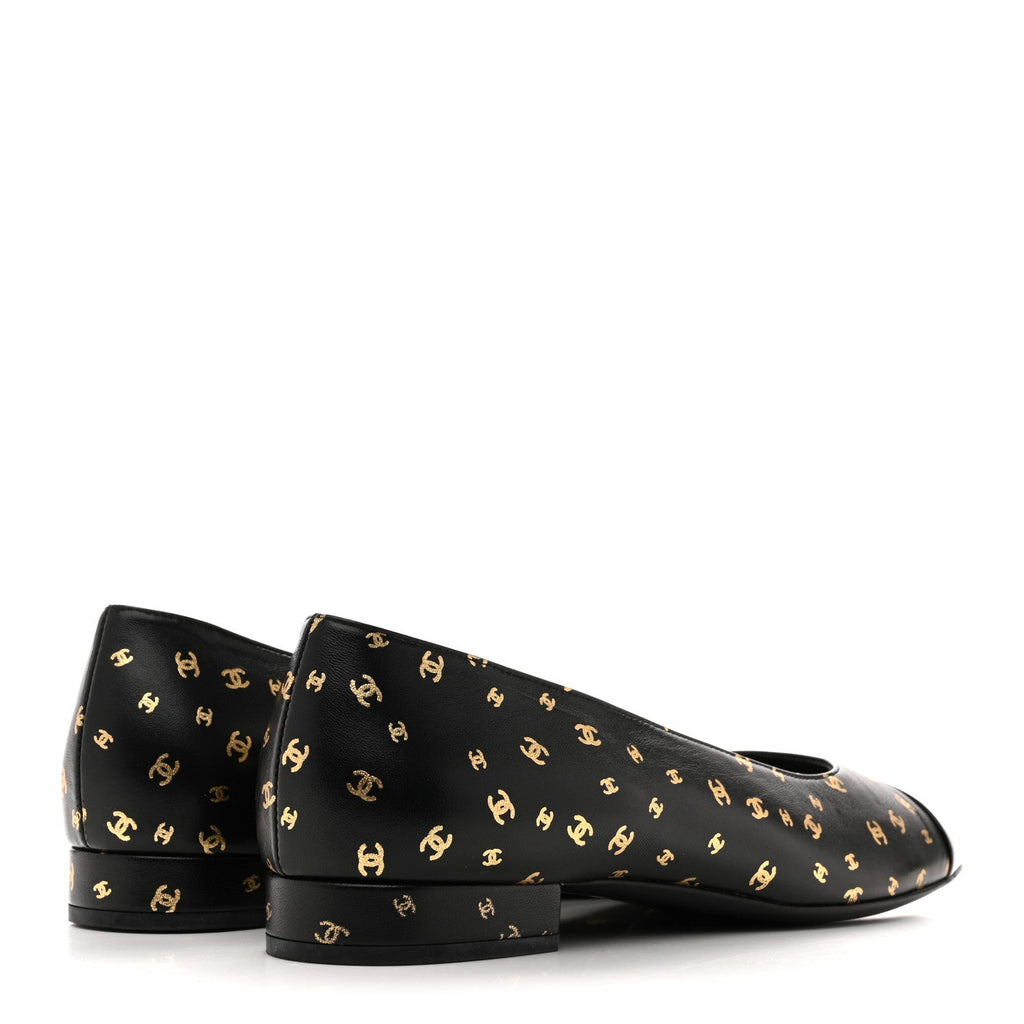 Lambskin Patent Calfskin Printed CC Cap Toe Ballerina Flats 38.5 Black Gold
