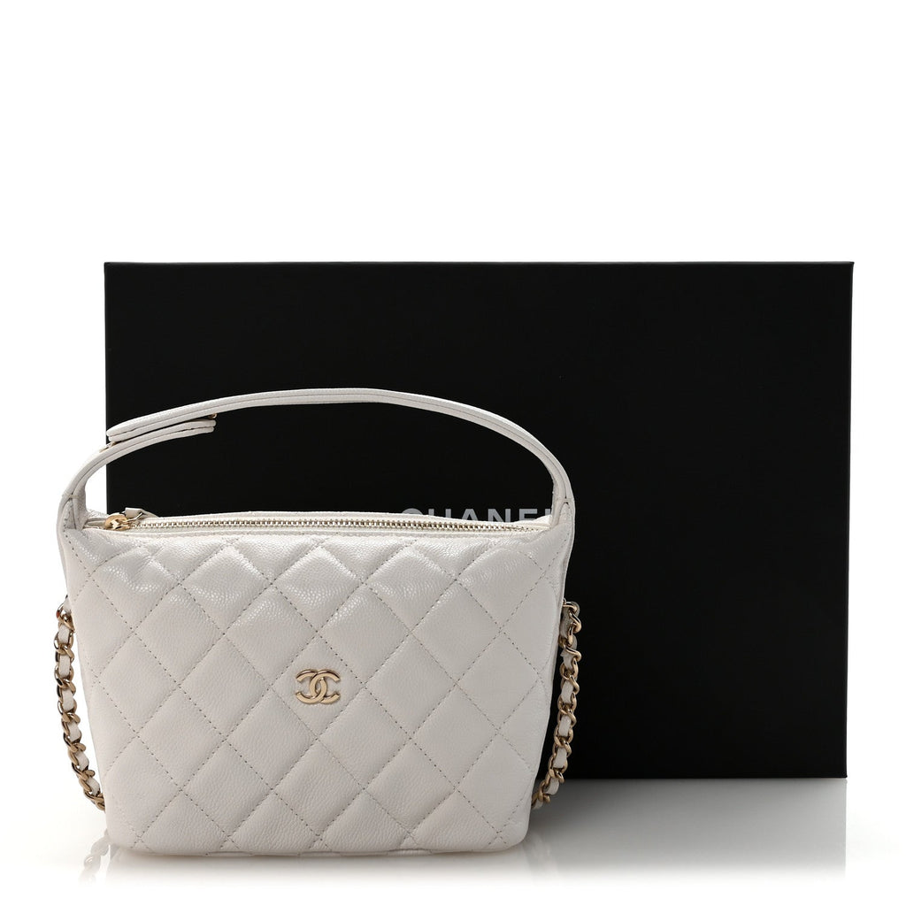 Chanel Caviar Quilted Hobo Clutch With Chain White