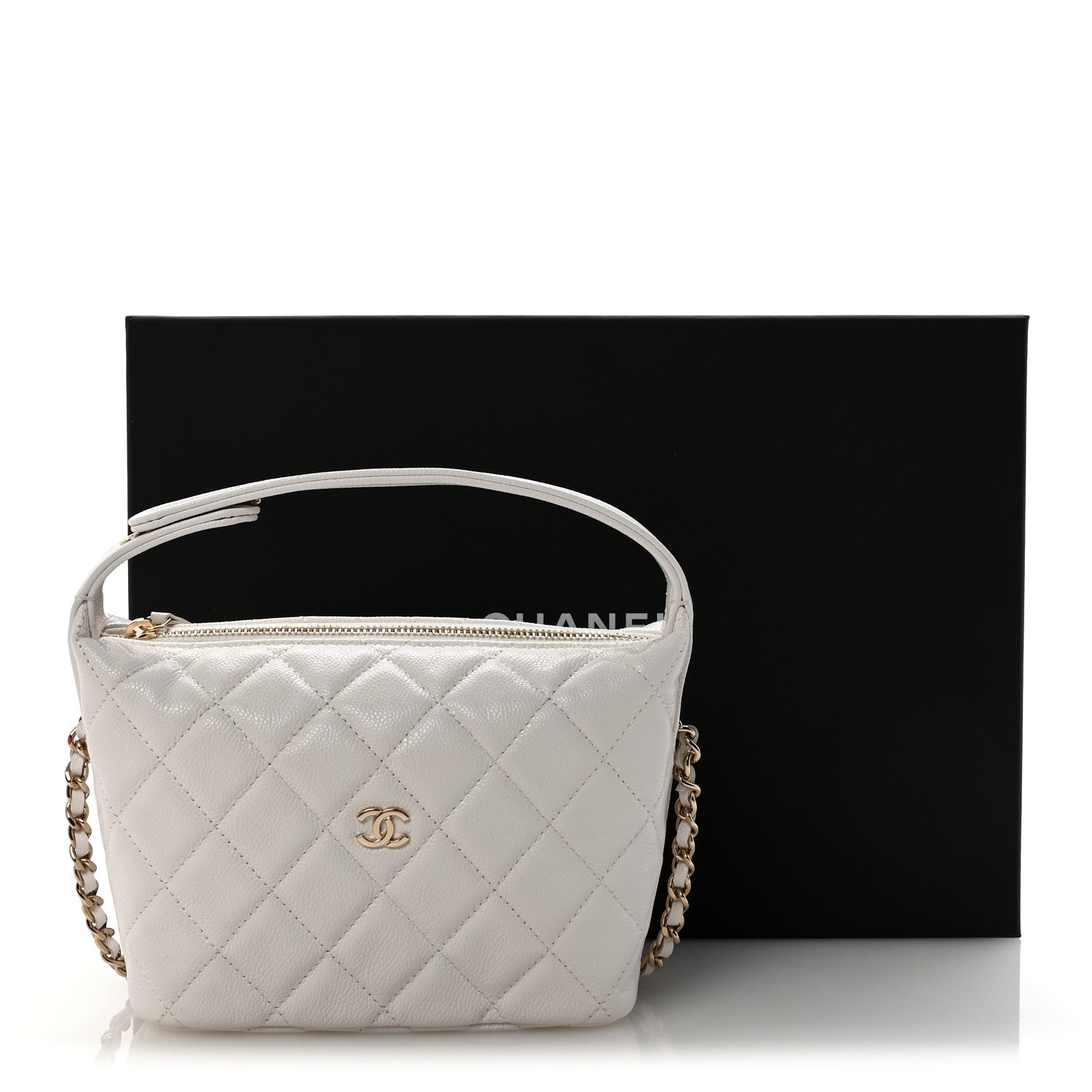 Chanel Caviar Quilted Hobo Clutch With Chain White