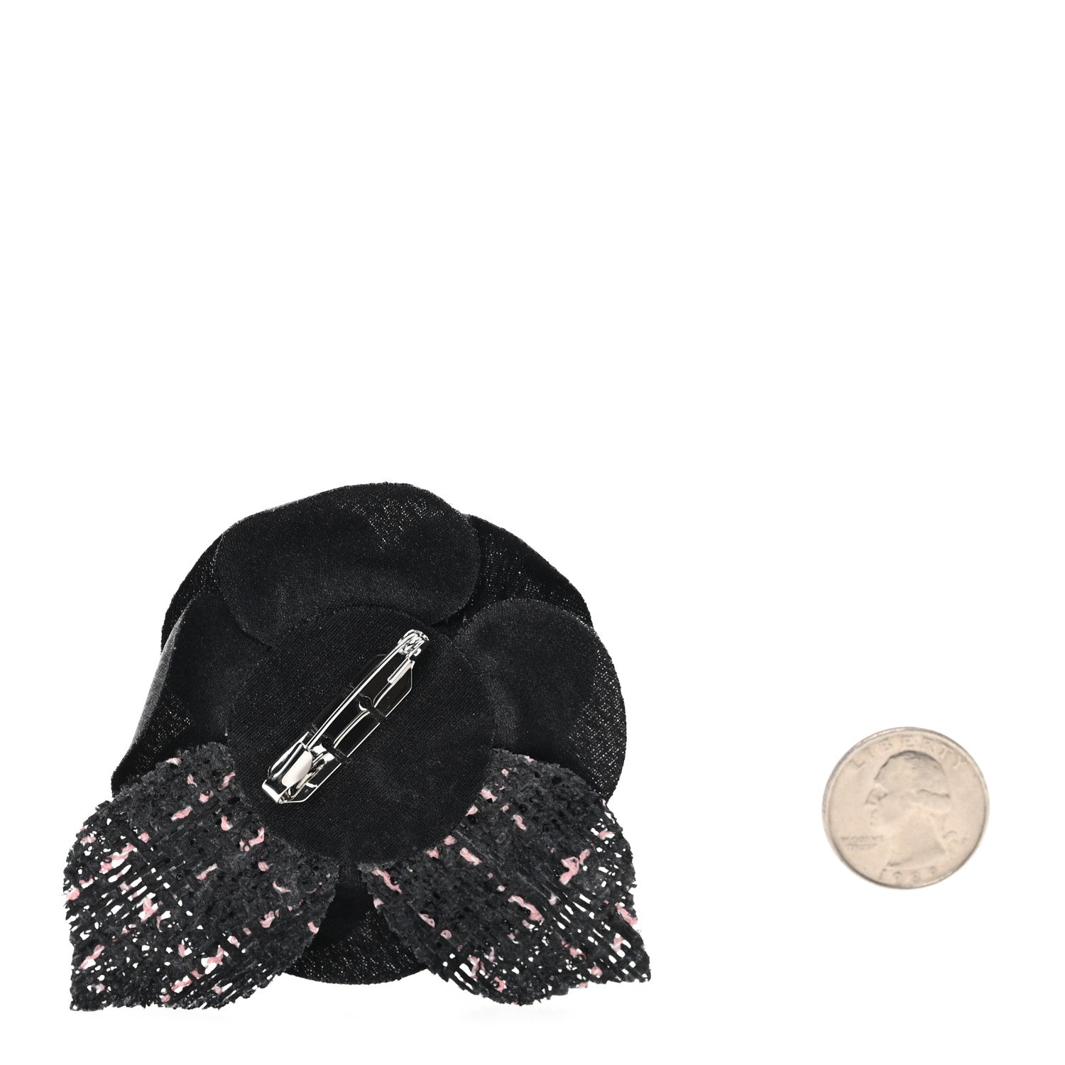Chanel Tweed Fabric Camellia Pin Brooch Black Pink