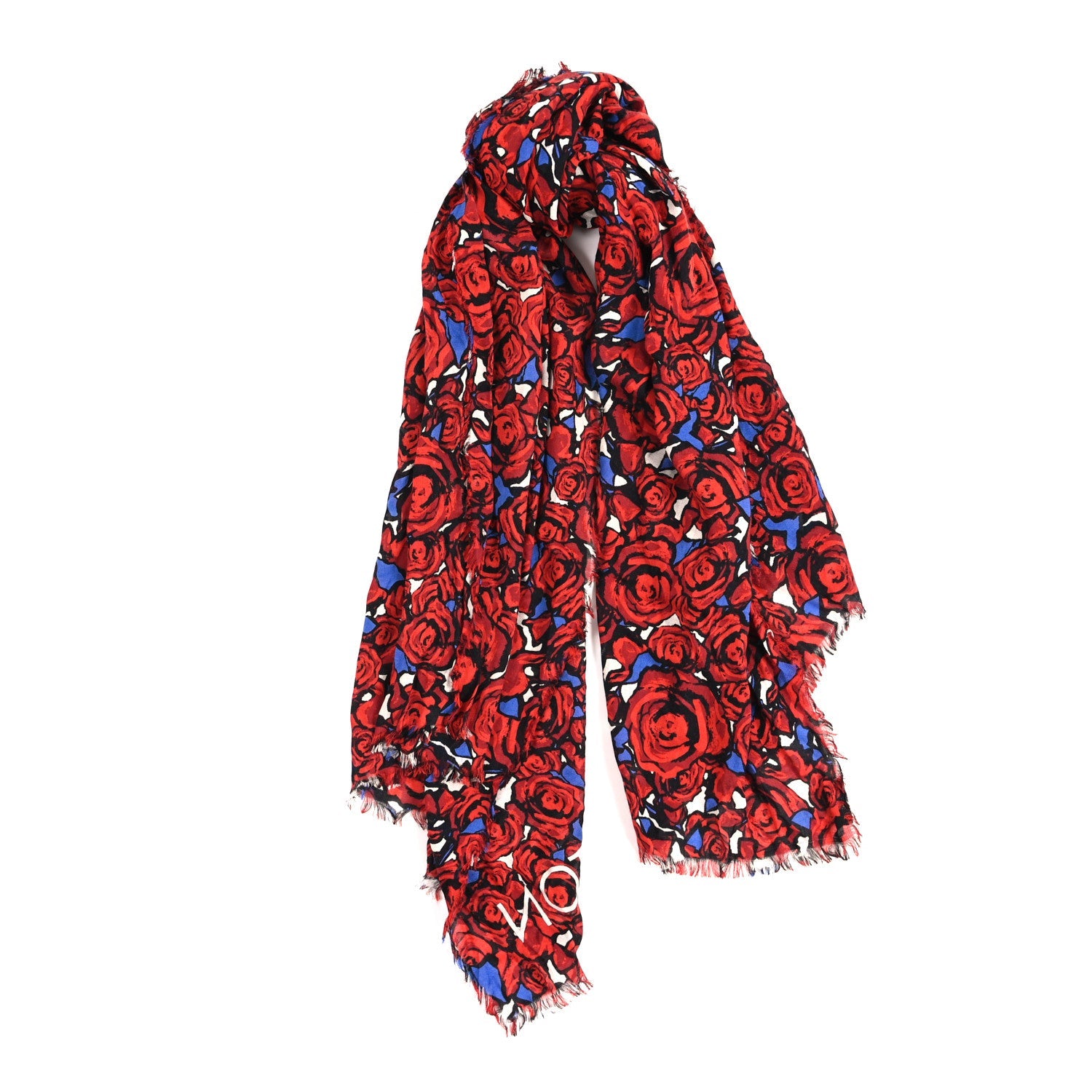 Louis Vuitton Wool Silk Cashmere Rock N Roses Stole Red Blue Multicolor