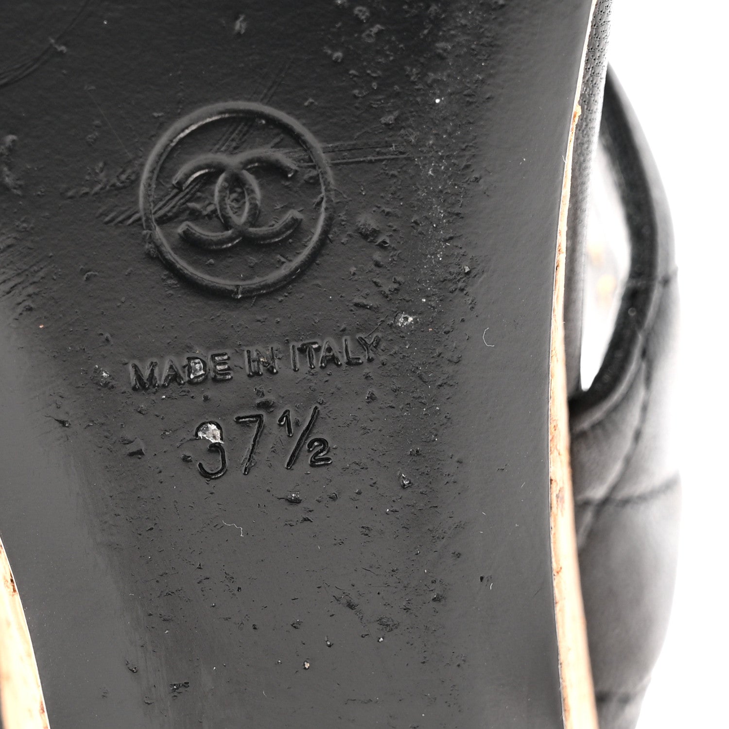 Chanel Shiny Goatskin Cork CC Wedge Sandals 37.5 Black