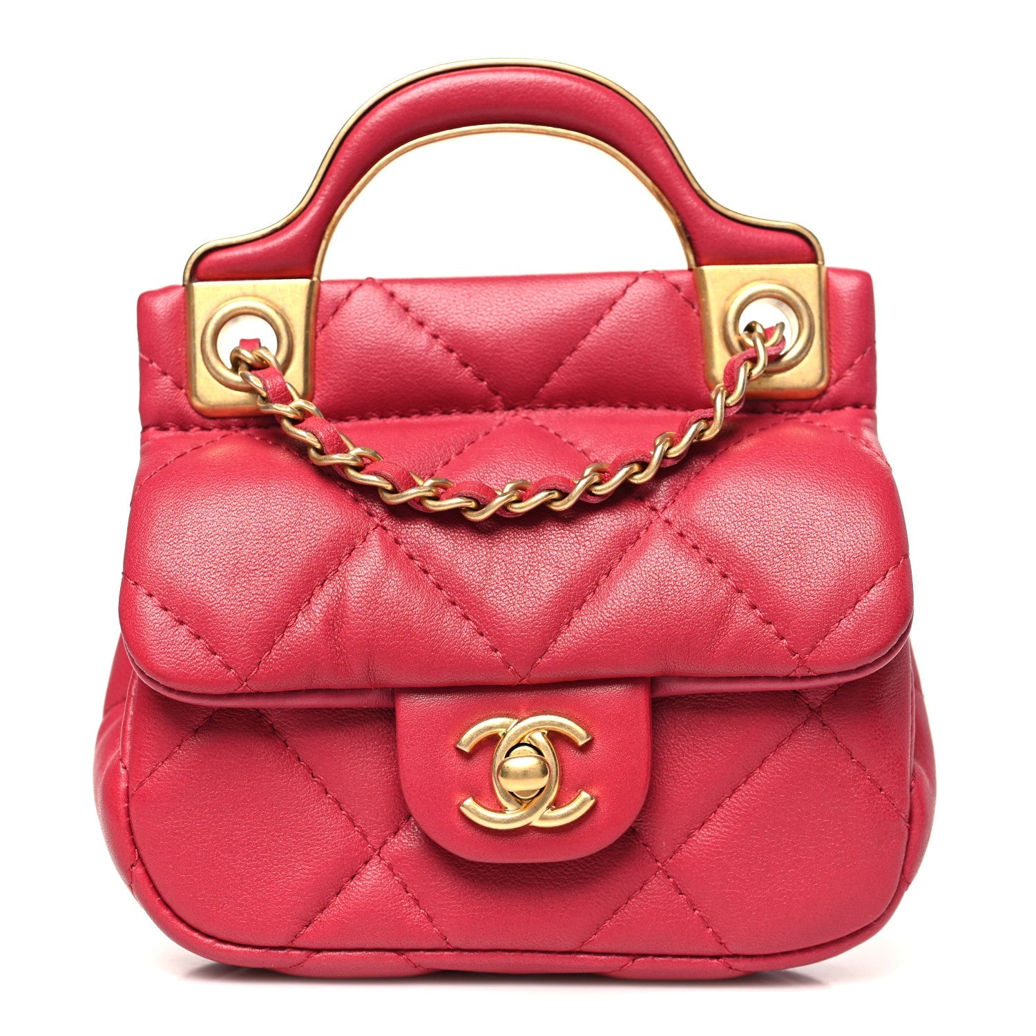Chanel Calfskin Quilted Lady Handle Flap Card Holder With Chain Dark Pink