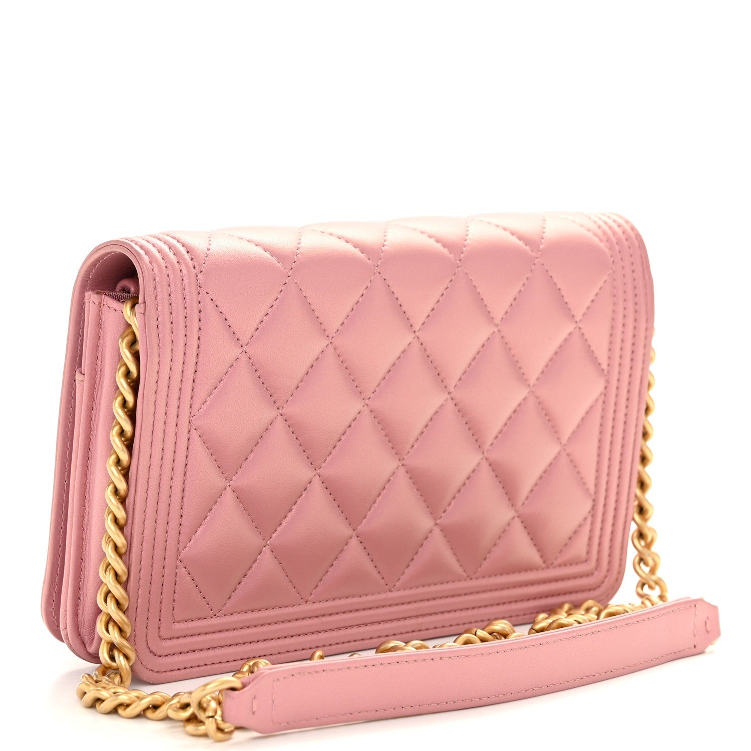 Chanel Metallic Lambskin Quilted Boy Wallet On Chain WOC Pink