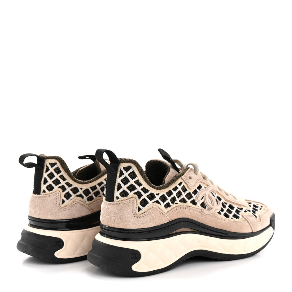 Chanel Suede Calfskin Embroidered CC Sneakers 35.5 Beige Black