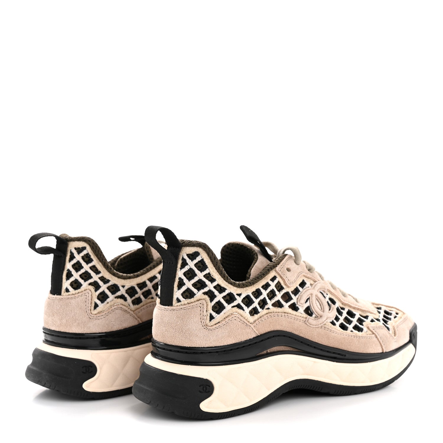 Chanel Suede Calfskin Embroidered CC Sneakers 35.5 Beige Black