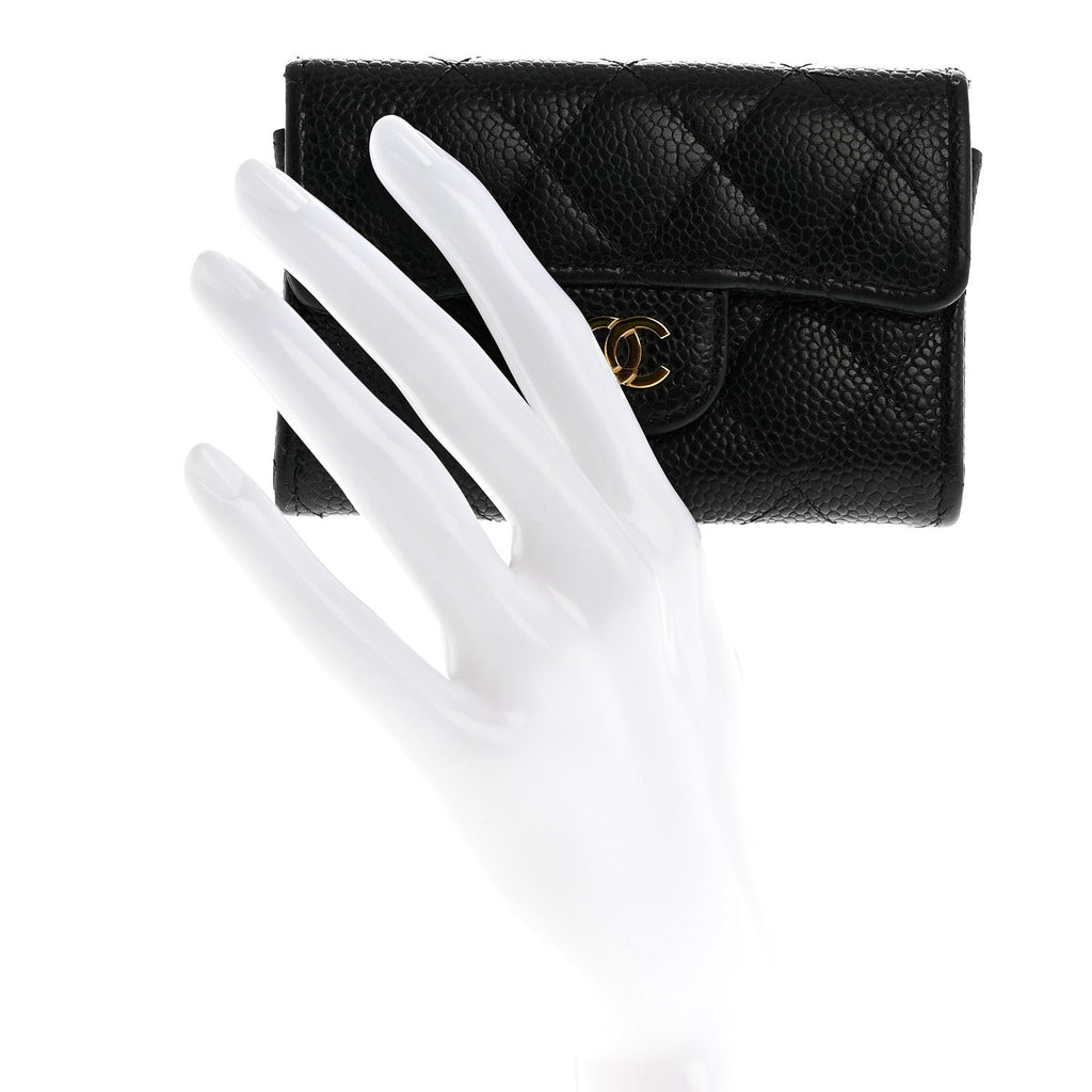 Caviar Quilted Flap Card Holder Wallet Black