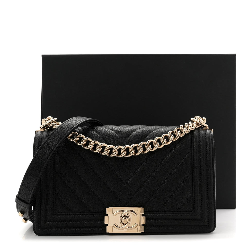 Chanel Caviar Chevron Quilted Medium Boy Flap Black