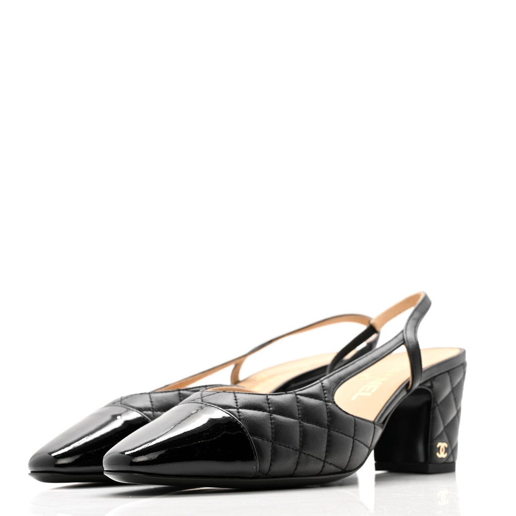 Lambskin Patent Calfskin Quilted Cap Toe CC Slingback Pumps 39.5 Black
