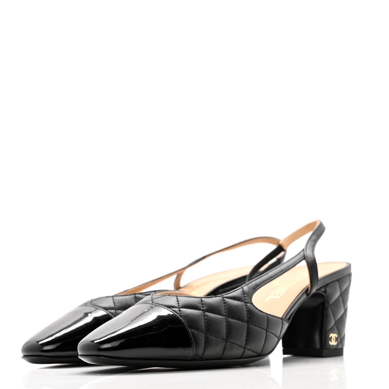 Lambskin Patent Calfskin Quilted Cap Toe CC Slingback Pumps 39.5 Black