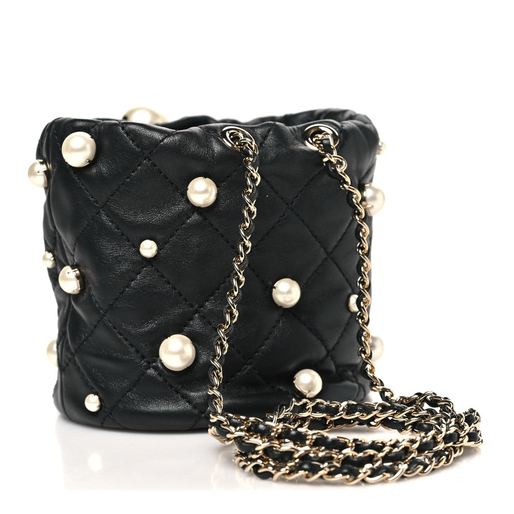 Chanel Lambskin Quilted Pearl Mini About Pearls Drawstring Bag Black