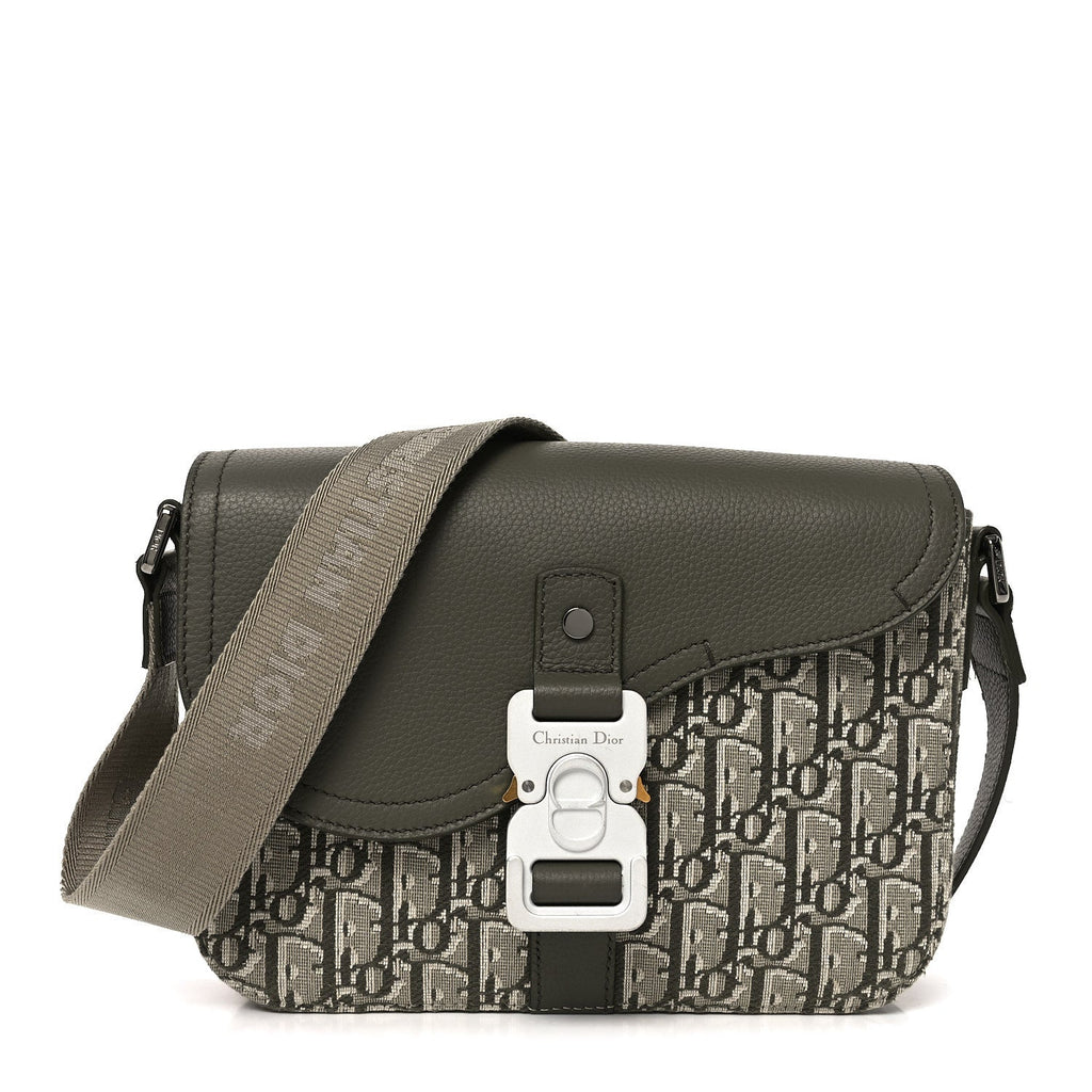 Christian Dior Oblique Jacquard Grained Calfskin Small Saddle Messenger Bag With Flap Green