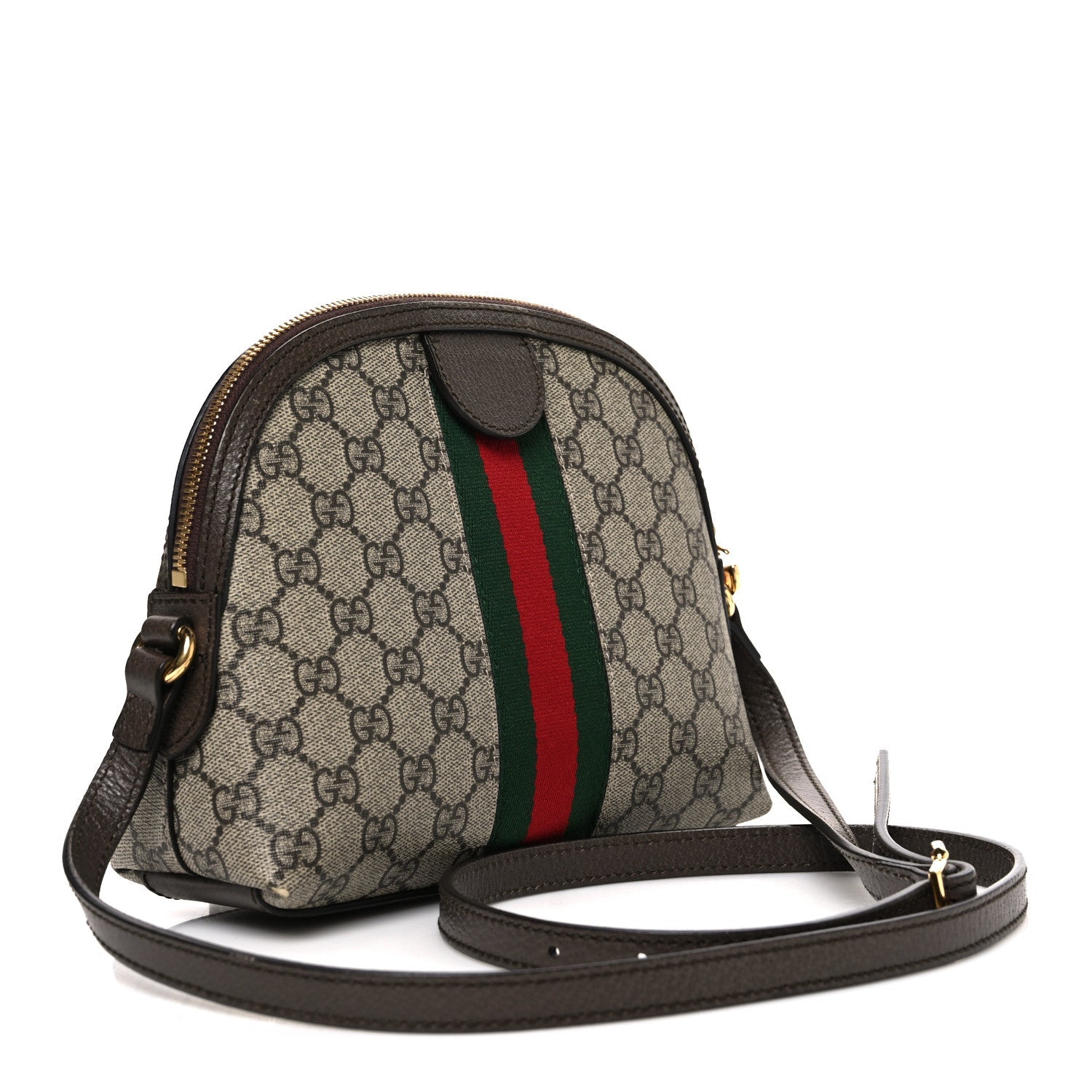 Gucci GG Supreme Monogram Textured Dollar Calfskin Web Small Ophidia Dome Shoulder Bag Beige Ebony New Acero