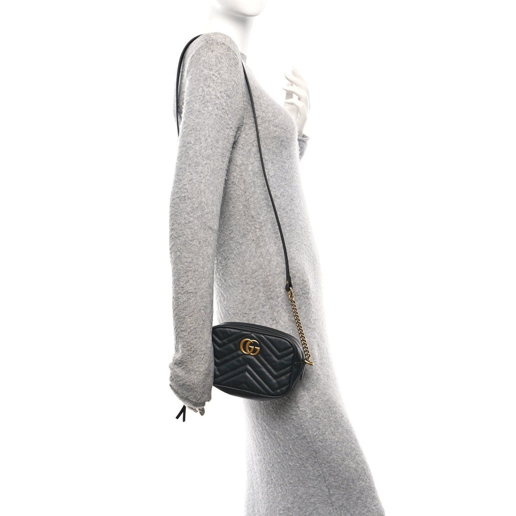 Gucci Calfskin Matelasse Mini GG Marmont Chain Shoulder Bag Black