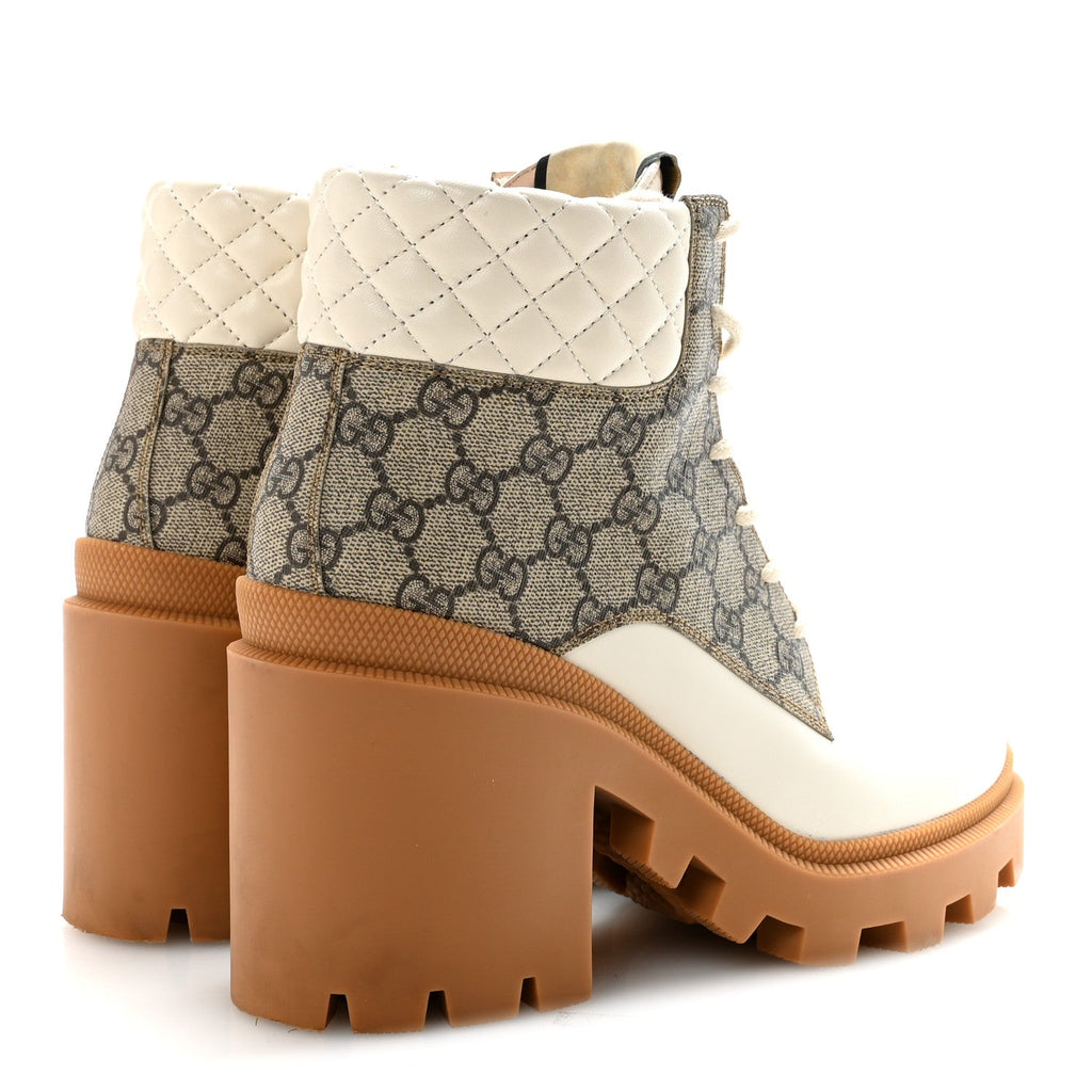 Gucci Apollo Calfskin GG Supreme Nappa Samoa Quilted Lace Up Ankle Boots 40 Mystic White Beige Ebony