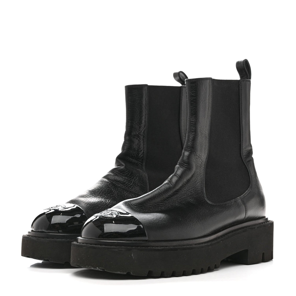 Crumpled Calfskin Patent Cap Toe Short Boots 39.5 Black
