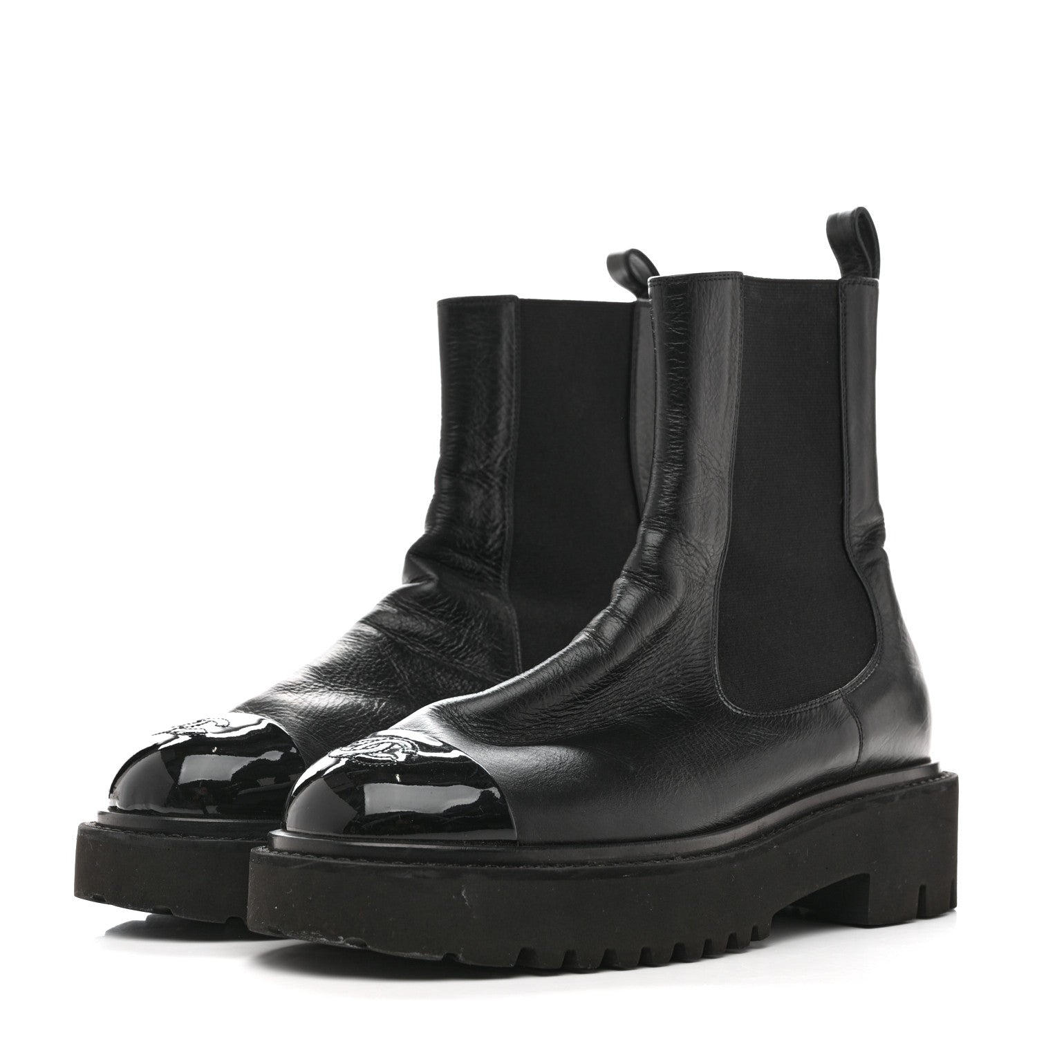 Crumpled Calfskin Patent Cap Toe Short Boots 39.5 Black