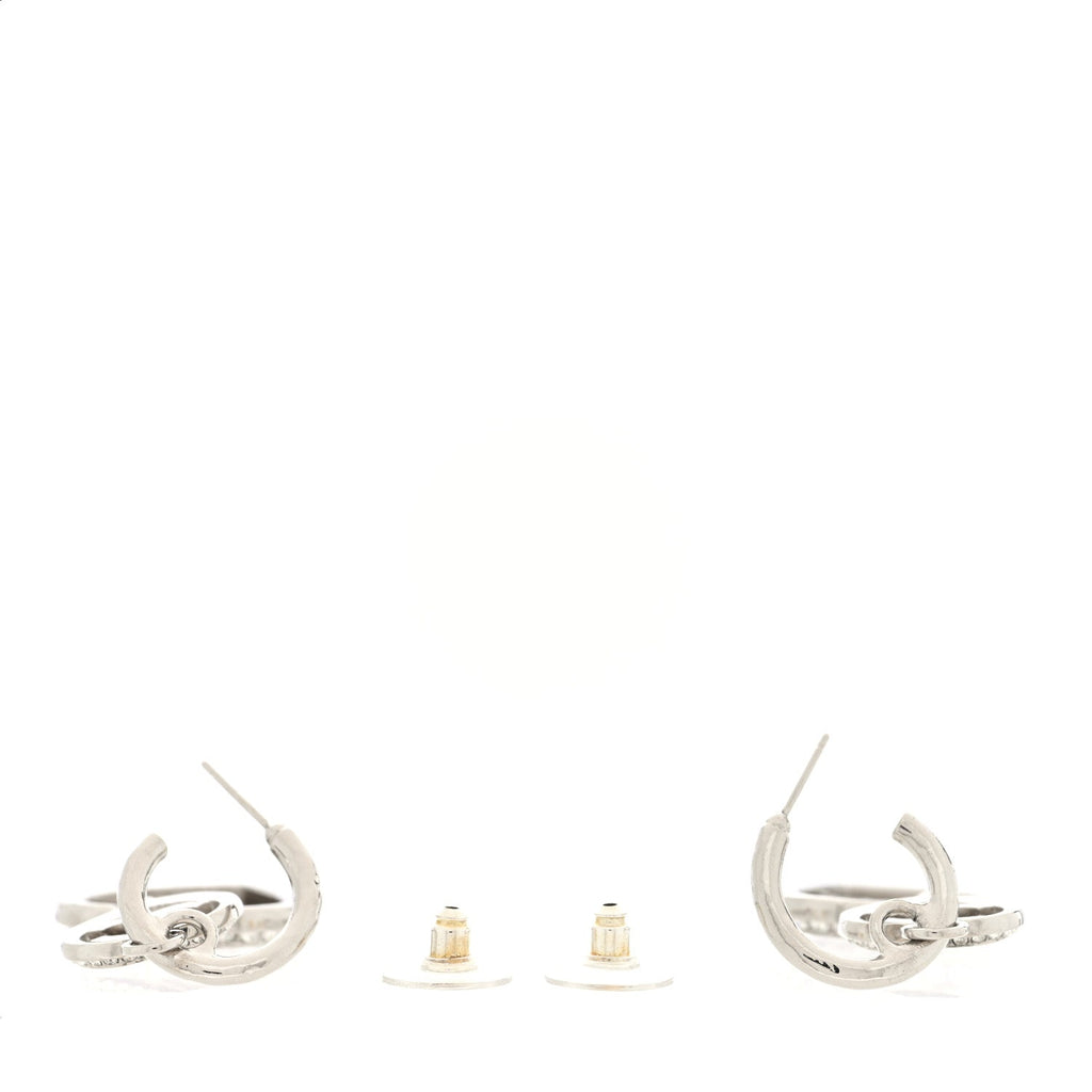 Crystal Metal CC Heart Drop Hoop Earrings Silver