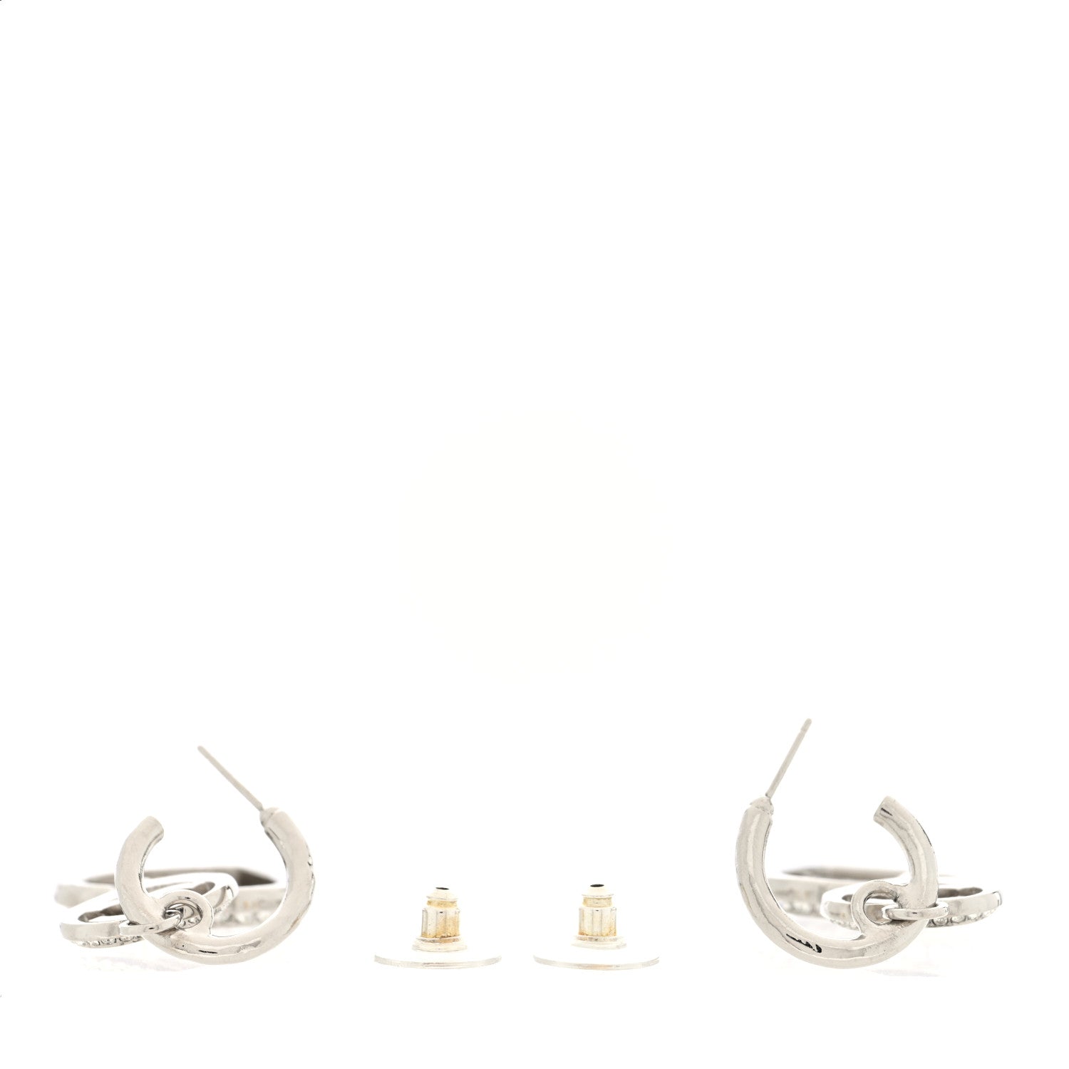 Crystal Metal CC Heart Drop Hoop Earrings Silver