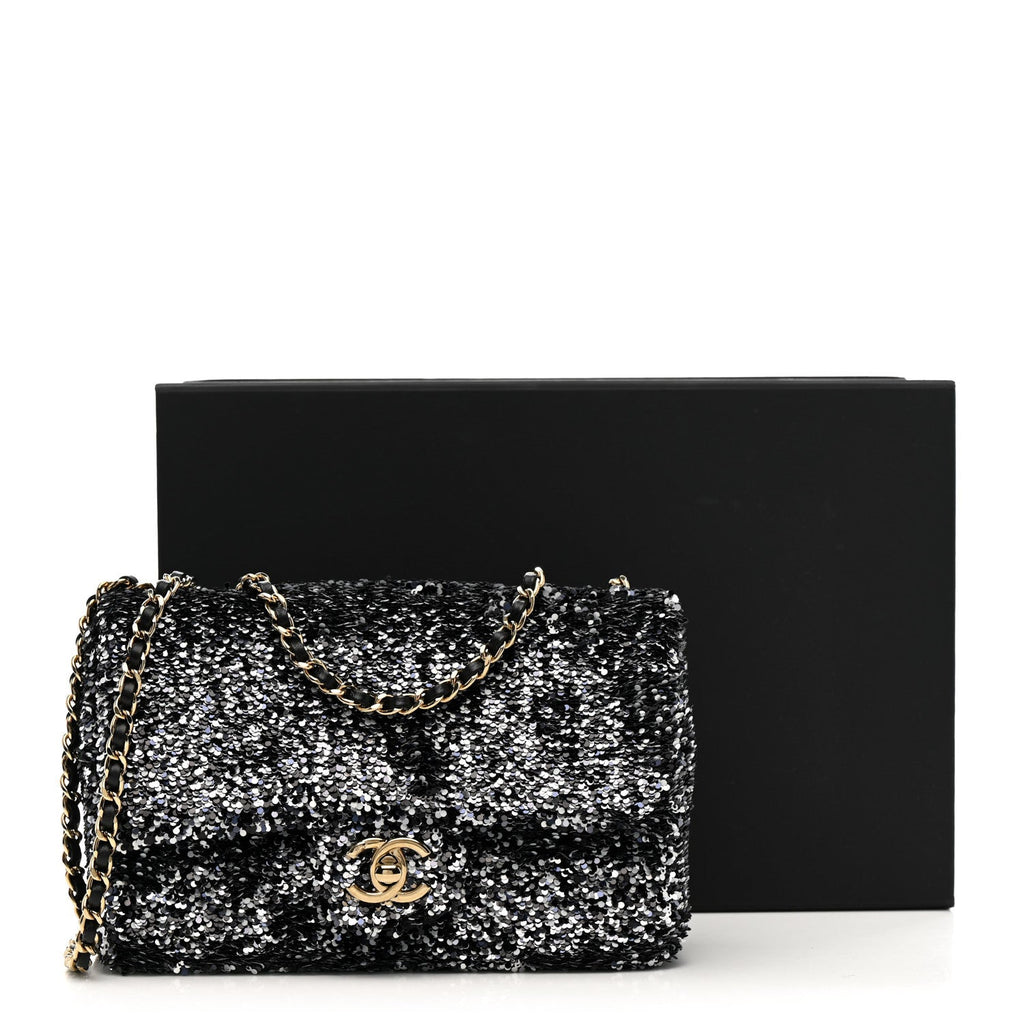 Chanel Sequin Quilted Small Single Flap Black White Grey