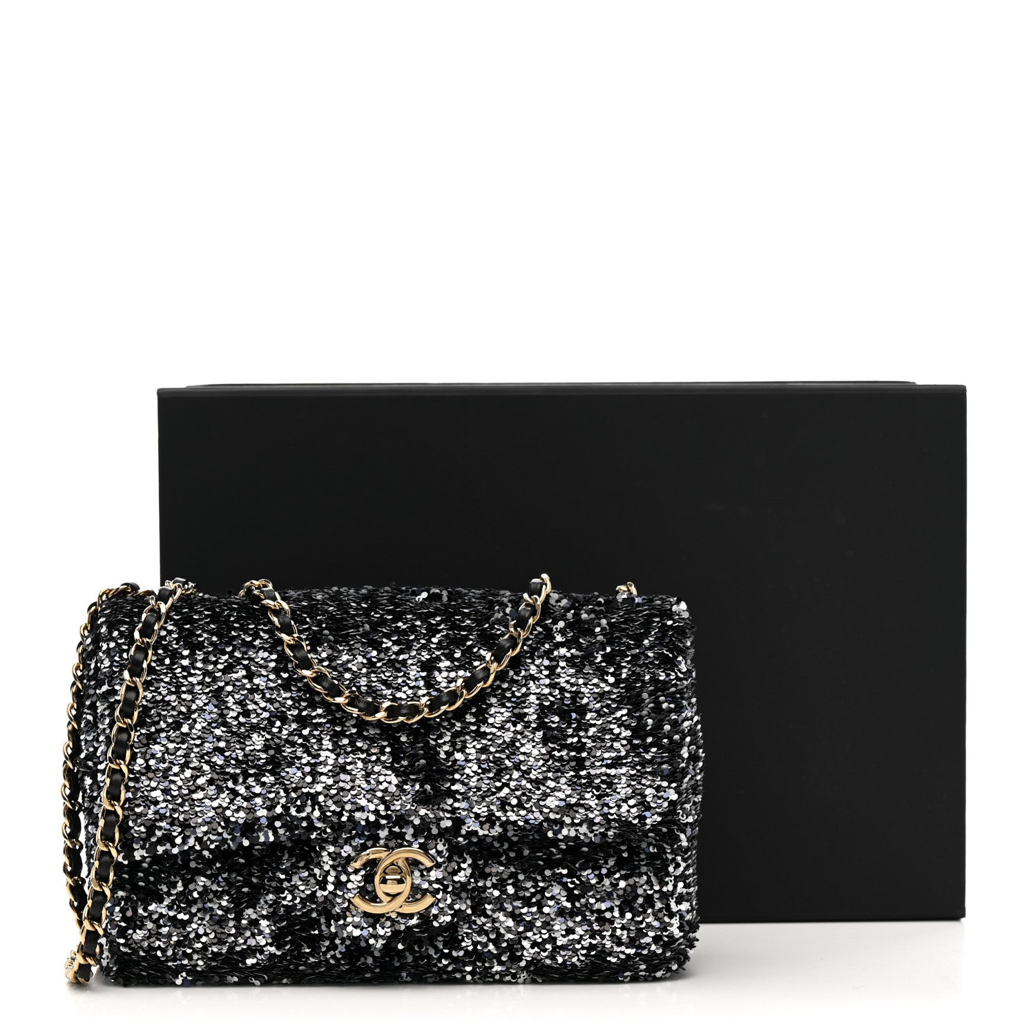 Chanel Sequin Quilted Small Single Flap Black White Grey